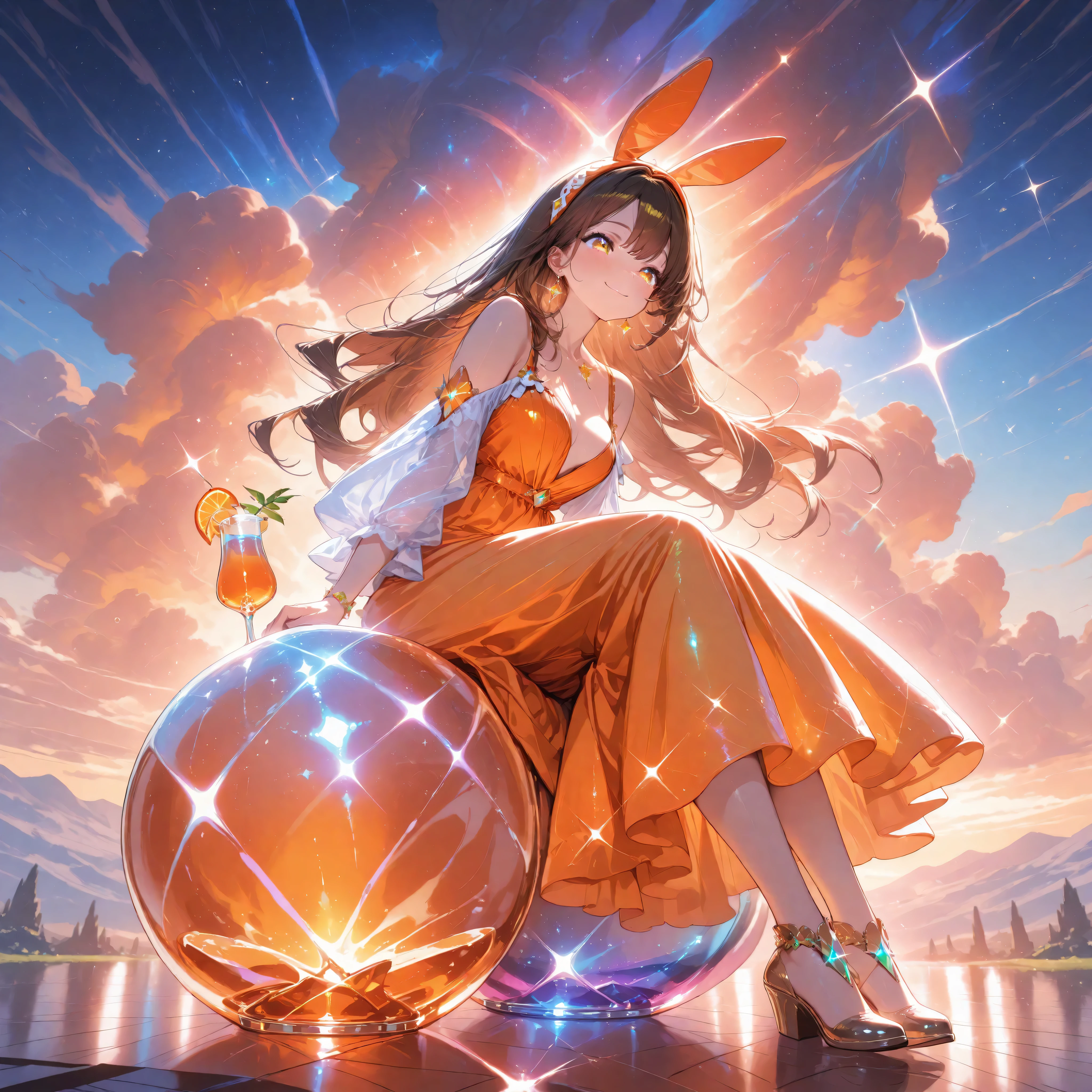 masterpiece, best quality, absurdres, highres,full body shot, one girl,Fantastic landscape ,Sparkling jewels ,Sitting and drinking a cocktail,Rabbit headband, Bright orange long dress, brown hair, Long hair,moist eyes, smile, ultra-detailed, high-quality,