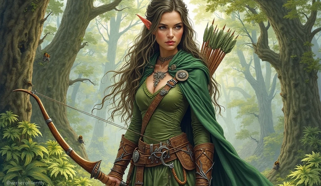 beautiful forest elf, pretty face, nice body, black hair, wearing armour, green cape, bow and quiver of arrows stowed on back, sword sheathed at waist in a forest, 8k, ultra realistic --auto --s2