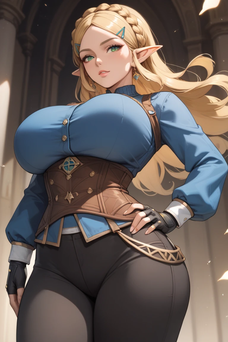 (best quality), (masterpiece), 1 girl, early 20's, huge heavy breasts, busty, massive breasts, thick, thick lips, wide hips, thin waist, pricess zelda, nintendo, the legend of zelda, botw, black pants