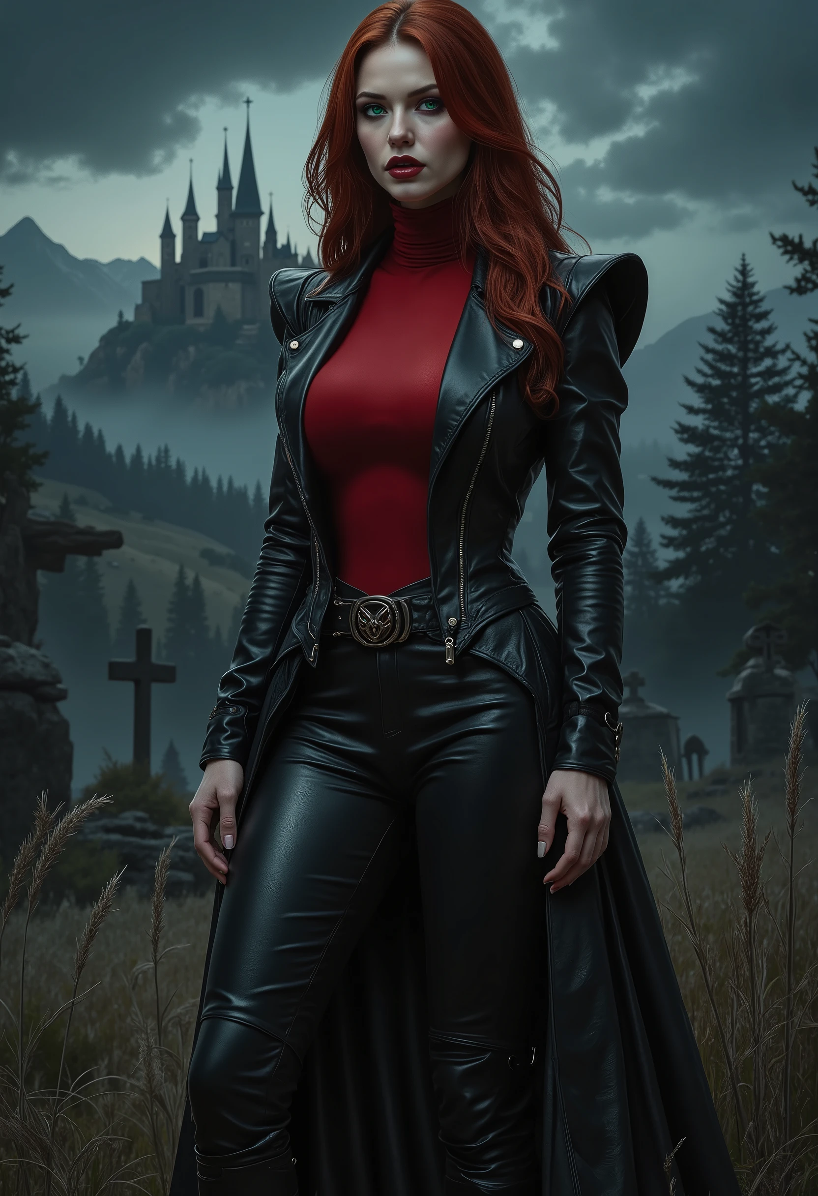 full body beautiful sensual sexy cool girl slightly open ((huge vampire fangs)) muscular body red wavy long hair emerald green eyes, white skin, red lips, round face full red lips high arched eyebrows thin waist long shapely legs full breasts broad shoulders black leather riding breeches black leather riding boots black leather riding jacket red high neck silk turtleneck standing in tall grass in a cemetery at night fog twilight in the distance silhouette of a castle on a mountaintop
