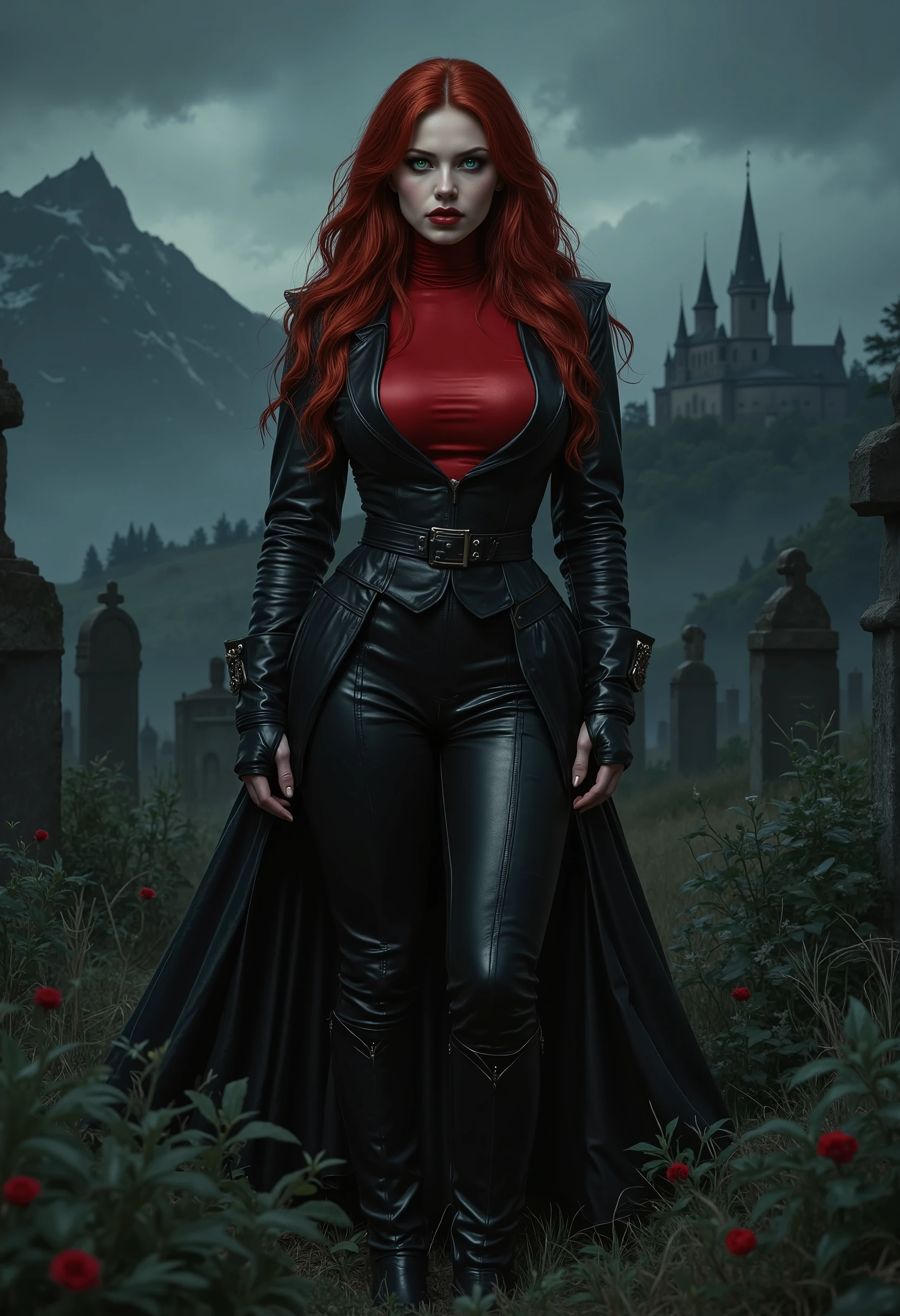 full body beautiful sensual sexy cool girl slightly open ((huge vampire fangs)) muscular body red wavy long hair emerald green eyes, white skin, red lips, round face full red lips high arched eyebrows thin waist long shapely legs full breasts broad shoulders black leather riding breeches black leather riding boots black leather riding jacket red high neck silk turtleneck standing in tall grass in a cemetery at night fog twilight in the distance silhouette of a castle on a mountaintop