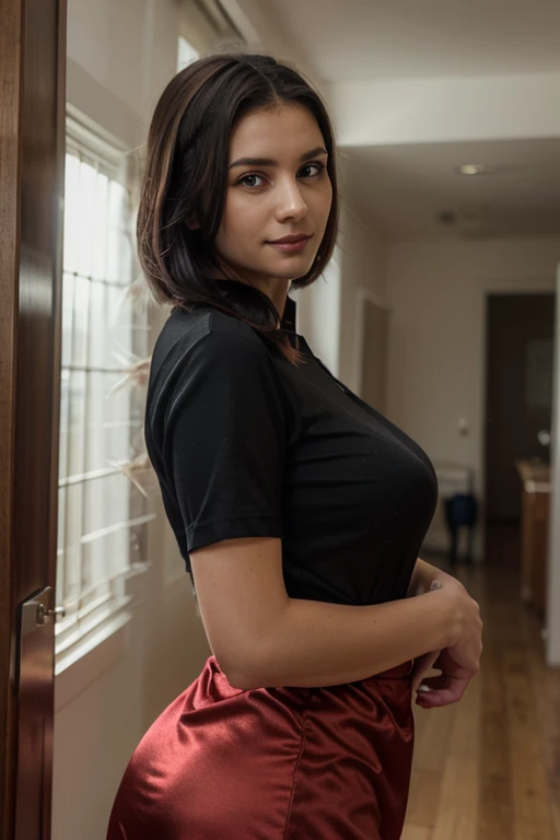 masterpiece, best quality, highres, (8k, RAW photo, highest quality), (extremely detailed), malay, ((uqasa senrose 0.55)) , 1girl, JS_ShortSkirt, boucle skirt, from below, standing, moist pussy, Pixie cut, beautiful eyes, detailed eyes, detailed face, perfect facial details, perfect mouth, detailed lips, perfect breast, big breast 
