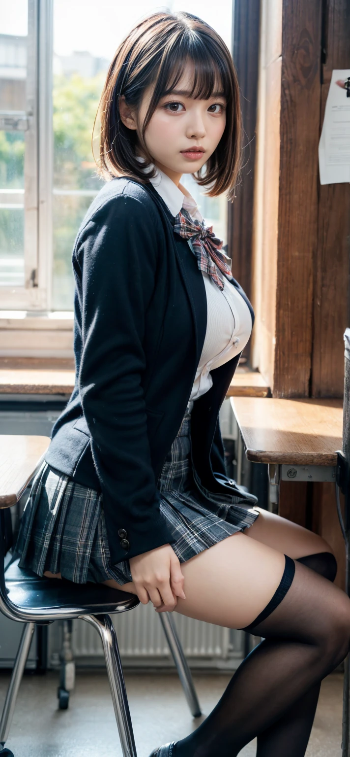 nsfw:0.3、Female students in the classroom、short hair、(smile)、(Mature Woman)、(18-year-old)、((Big Breasts))、((Ultra tight collared white shirt))、Checkered pleated skirt、Navy blue socks、loafers、Knee-length skirt、(ribbon)、(School bag on the desk)、Has bangs、((Black Hair))、highest quality、超A high resolution、(Realistic:1.85)、Beautiful Japanese Eyes、Super Beauty、Perfect Style、Perfect balance、Detailed skin、((Delicate photo))，(Detailed RAW photos of girls), (Tabletop:1.25), (highest quality:1.6), (超A high resolution:1.5), (Realisticです:1.75), 8K resolution, Canon EOS R5, 50mm, Absurd, Very detailed,Cinema Lighting、