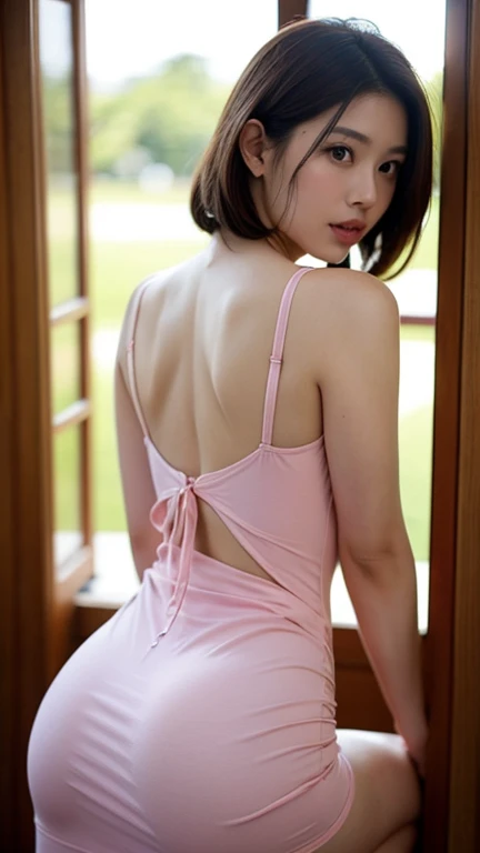 ((highest quality, 8K, masterpiece :1.3)), (realistic, Photoreal:1.4), sharp focus：1.2, 
Bright colors, professional level, shallow depth of field, 
20-year-old, (Half Japanese and half German woman), 1 person, A beautiful face with intelligence, 
Supple body :1.3, model body shape:1.5, 頭w:1.4, perfect style：1.4, 
narrow shoulders, beautiful clavicle, long and thin legs, The beauty of slim abs :1.2, thin waist :1.2, 
super detailed skin, Fair skin, Shiny skin, 
super detailed face, slim facial contour, beautiful small face, Beautiful lined nose, 
super detailed eyes, long slit eyes, brown eyes, double eyelid, beautiful thin eyebrows, fine long eyelashes, 
super detailed lips, plump lips, glossy pink lips, flushed cheeks, beautiful teeth, 
Beautiful actress&#39;s ennui makeup, pink lipstick, silver necklace, earrings, 
light brown hair, delicate soft hair, 
(hair up, ponytail :1.2), layer cut, (dull bangs:1.2), 
(Dress up with trendy fashion:1.2), 
gentle smile, open mouth half way, Enchanted expression, stare at the camera, 
(Full body image from the waist), dynamic lighting, 

((She is completely naked and wearing a see-through nightwear with a wide open chest.:1.2)),  
(perfect breast shape, B cup:1.2), A small pink areola, 
She has a cute plump butt, My thighs are dazzling, 
(View from directly behind, pay attention to the crack of the butt:1.5), 

White House on Santorini, blue sky and aegean sea, Large terrace, 
(standing in a beautiful posture:1.2), A natural smile spills out, 
cinematic lighting, midsummer rays,  