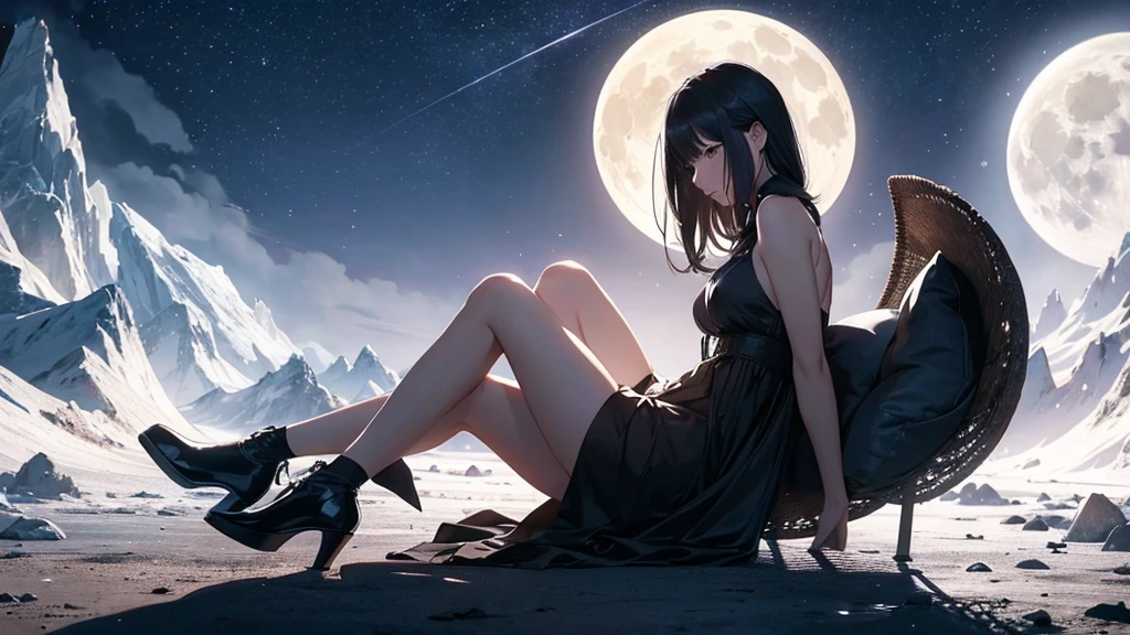 woman straddling a quarter moon, stars in a beautiful night sky, The scene is an epic and grandiose vision into a space odyssey landscape planet, dynamic pose, intricate scene and very epic, volumetric lights, evoking a sense of adventure, grandeur and wonder, an intricate and highly epic masterpiece, UHD, 8K, in hyper realistic style. --auto