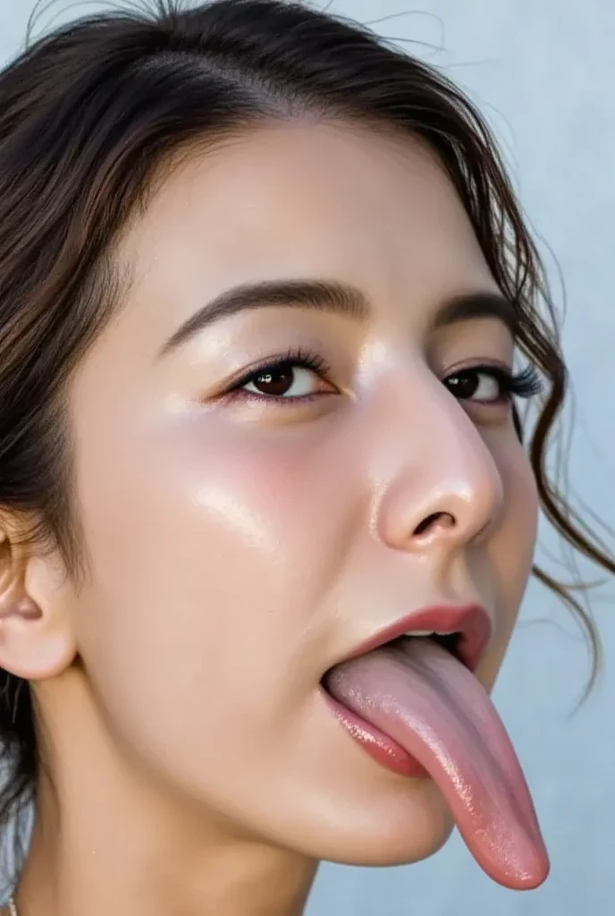 (photo Realistic:1.4), (hyper Realistic:1.4), (Realistic:1.3), (High resolution,High resolution,Sharp focus,8K)(Focus your eyes, Nose and mouth,Face Focus,) Woman with open mouth and closed eyes, 、Age 35,Black-haired、Symmetrical face,Realistic nostrils、Angle from below、Elongated C-shaped nostrils,,,,,Browsing Caution,White Background、Sweaty skin、Lighting that highlights sweaty skin、((Nose hook))Skin shiny with sweat、Shiny skin、(Wet and shiny tongue)(Sharpness)Frowning, Frowning, Sticking out tongue, ahegao, Long Tongue, Textured skin, Anatomically correct, Very detailed(((Girl trembling with sexual climax)))