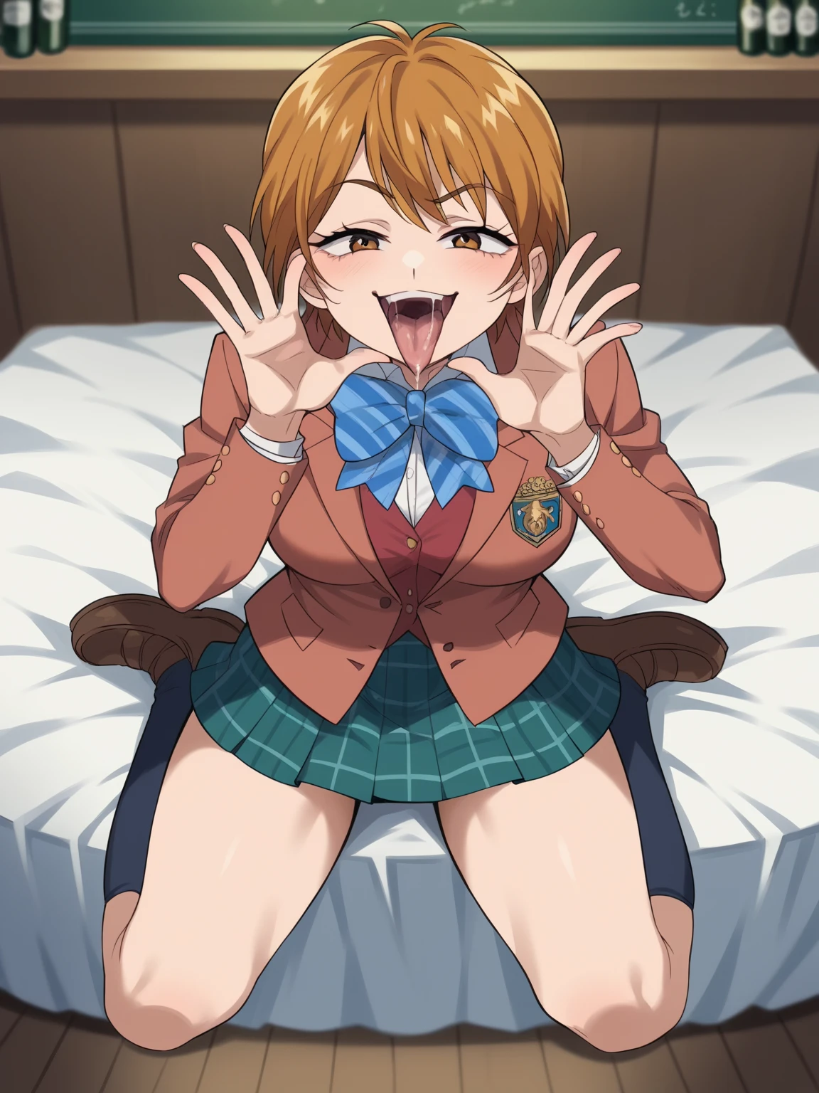 {{{masterpiece}}}, {{{best quality}}}, {{ultra-detailed}}, {illustration}, {{an extremely delicate and beautiful}}, (beautiful detailed eyes:1.6), extremely detailed face, extremely detailed CG, (perfect hands, perfect anatomy), 16k, anime face, NSFW, {{shibuya kanon}}, {{love live! superstar!!}}, 1girl, cute face, purple eyes, orange medium hair, semi-long hair, asymmetrical bangs, medium breasts, thin waist, big hips, curvaceous, {{yuigaoka school uniform}}, grey pinafore dress, white collared shirt, red neck ribbon, blue jacket, open jacket, black socks, BREAK, NSFW, 1boy, 1penis, deepthroat,(fellatio:1.5), girl eating penis, face stained, sucking penis, face focus