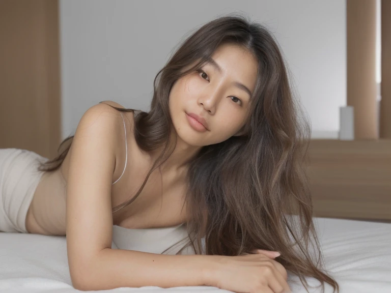 there is a woman lying on a bed with her hand on her face, posing in bed, with long hair, 18 years, asian girl with long hair, posing in a bedroom, 2 modelo femenino de 18 years, in my bed, beautiful asian girl, 1 8 son, sitting on her bed, sitting in bed, good young girl