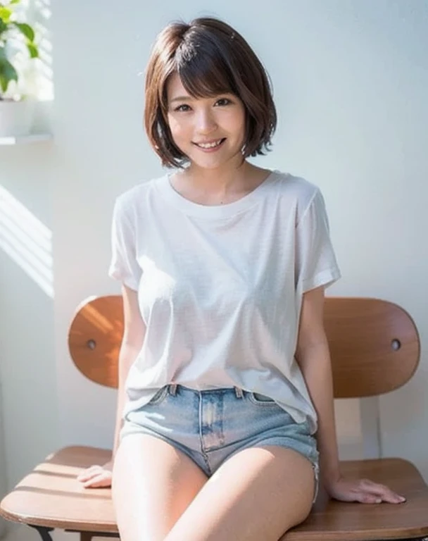 Light blue mini skirt、White short-sleeved blouse