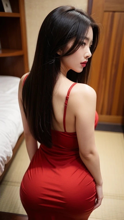 NSFW, (girl), ((highest quality)), ((8K)), ((masterpiece:1.3)), ((become familiar with)), ((one japanese woman)), (Dark interior lighting), (Top floor suite of luxury hotel), (You can see the distant night view from the large windows..), (beautiful night view:1.2), (Female 46 years old), (Dressed on all fours:1.4), (looks like a dog), Rear view:1.6), (Figure with butt sticking out in front), (Place your hands on the bedside table with your elbows extended..:1.4), (both knees are extended), (Legs open in an inverted V shape), (spread your legs), It's facing towards you as if looking into your face..), facial wrinkles, wrinkles around the eyes, double eyelid, long hair, 肩に垂れ下がったウェーブの掛かったlong hair, (A dress with a loose fit around the chest.), (halter neck), (long red dress with wide open back), small breasts, small breasts, (side boob:1.2), (ユッタリしたドレスからside boobが見る), Rear view, focus on upper body, (well-shaped butt), (the buttocks are covered by the dress),