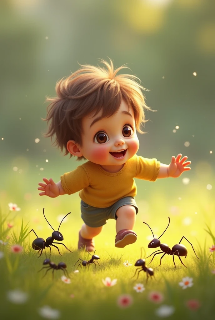 A 2-year-old baby catching a grasshopper in the backyard and scaring their parents