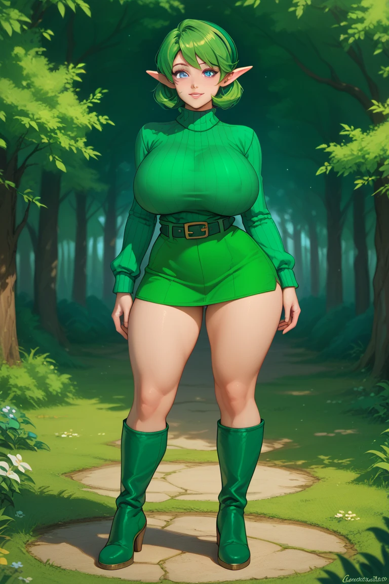 a tall woman temple teacher I learned wind air blower leaf long black hair her green eye wears a green sleeveless shirt with a button and a long green maxiskirt with a black heel
