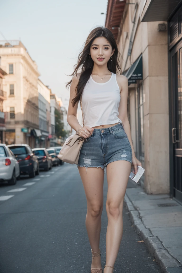 Female college student、No sleeve、Open chest、E Cup、Shorts、すらっと伸びたthin脚、Long legs、Platform Sandals、short hair、Brown moderate hair、clear、thin、slim、thinウエスト、Beauty、looking at the camera、Walking around the city、Cute Smile、Summer sunshine、Emphasize the chest