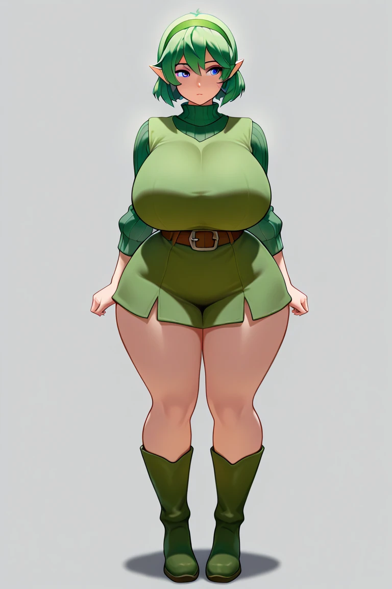 (masterpiece), best quality, female warrior, huge girl, female muscular:1.2, ((very short hair:1.6)), green hair, big breast, (curvy:1.6), (((blank background))), ((full body)), fingerless gloves, sandals, sleeveless, covered nipples, tshirt top, shaved hair, (buzzcut hairstyle), white socks