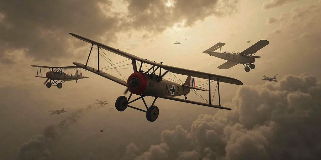 (masterpiece, best quality) destroyed sky, battle in the air, war planes of 1917, machine gun shooting, Aéroplanes Morane-Saulnier, Albatros C.X, historical, cinematic, dramatic lighting, gritty, intense, explosive, dynamic composition, aerial combat, clashing aircraft, smoke trails, tracer fire, metal airframes, detailed propeller mechanics, weathered surfaces, chipped paint, oil stains, gears and pistons, World War 1 era, realistic, photorealistic, 8k, hyper detailed