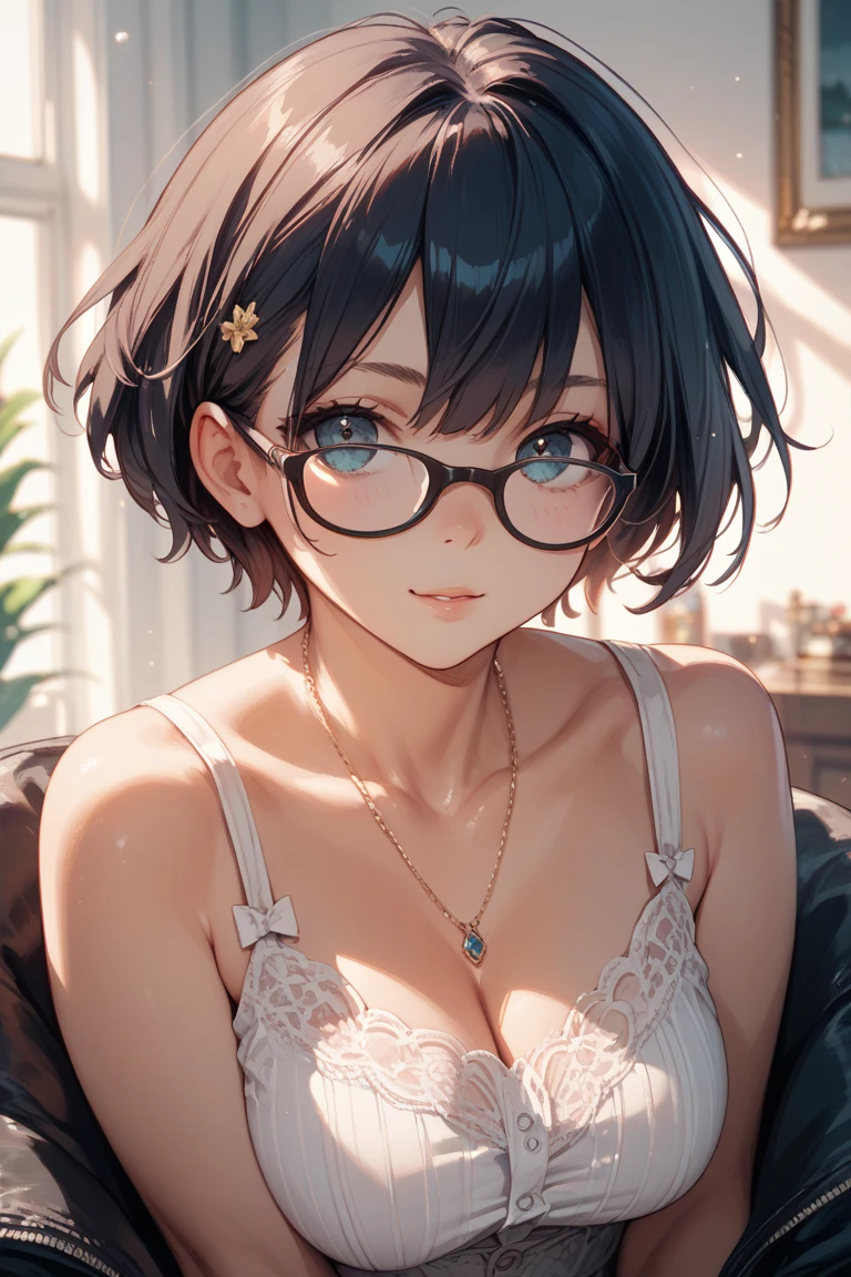 (Best quality:1.1), (Masterpiece:1.2), Highqualityshadow, Beautiful detailed, Beautiful face, Detailed eyes, Off-the-shoulder attire,Depth of field, A high resolution, Best shadow, Best illumination, 1girll, view the viewer, (Five-colored hair:1.3),Brush cut,extra very short hair, Blunt bangs, Long hair, Black eyes, Shy, Large breasts, Miniskirt, swim wears, Pump, sea beach,Greenery,clouds, Glasses,cleavage,looks into camera,ssmile,closeup cleavage,Superskirt