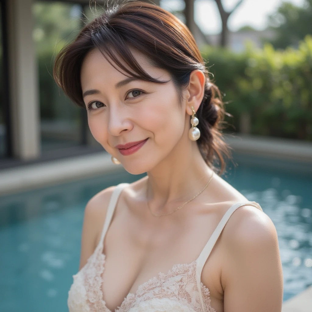 highest quality, masterpiece, High resolution, Photorealistic, RAW Photos, 8k wallpaper, perfection, ((One beautiful woman)), 40 years old, Sexy Woman, ((Gorgeous printed dress)), Cleavage, ((Looking at the camera)), Detailed face, Beautiful Eyes, ((Look forward)), (Stand upright), garden, (Beautiful thighs), High heels, bangs, Shapely breasts, Beautiful gorgeous hair, Plump and glossy lips, 