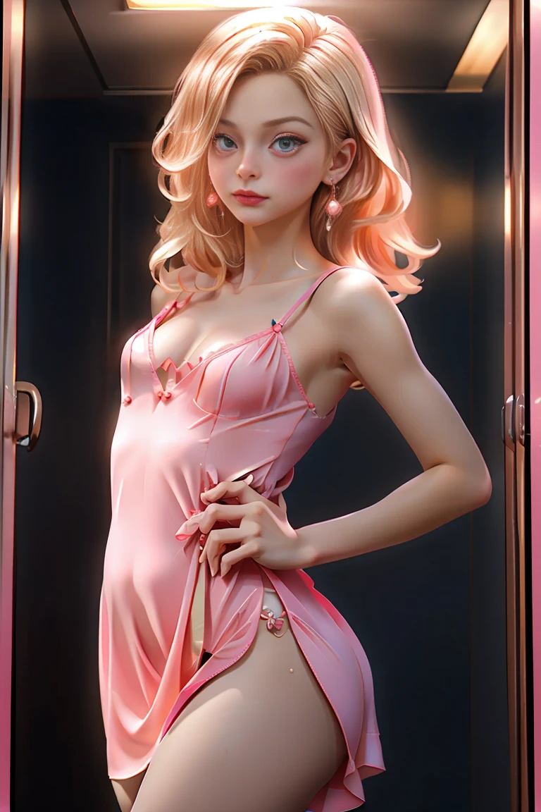 portrait Dakota Fanning, wearing sexy pink swimsuits corset outfit, against the background of a bathtub, 9 0 3 0 s, wavy hair, intricate, elegant, highly detailed, digital painting, artstation, concept art, smooth, sharp focus, illustration, art by thomas kindkade, charlie bowater, artgerm, greg rutkowski, alphonse mucha and alexandra fomina, 36k, glittering, shining