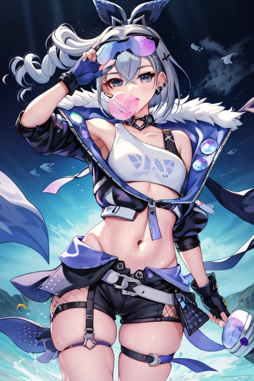 masterpiece, best quality, SilverwolfV5, 1girl, solo, looking at viewer, shirt, hair ornament, gloves, navel, cleavage, bare shoulders, jewelry, medium breasts, jacket, hair ribbon, white shirt, thighs, earrings, open clothes, shorts, sleeveless, choker, black gloves, hairclip, midriff, fingerless gloves, armpits, off shoulder, stomach, open jacket, crop top, sleeveless shirt, thigh strap, black shorts, sunglasses, fishnets, eyewear on head, open fly, micro shorts, bubble blowing, chewing gum,