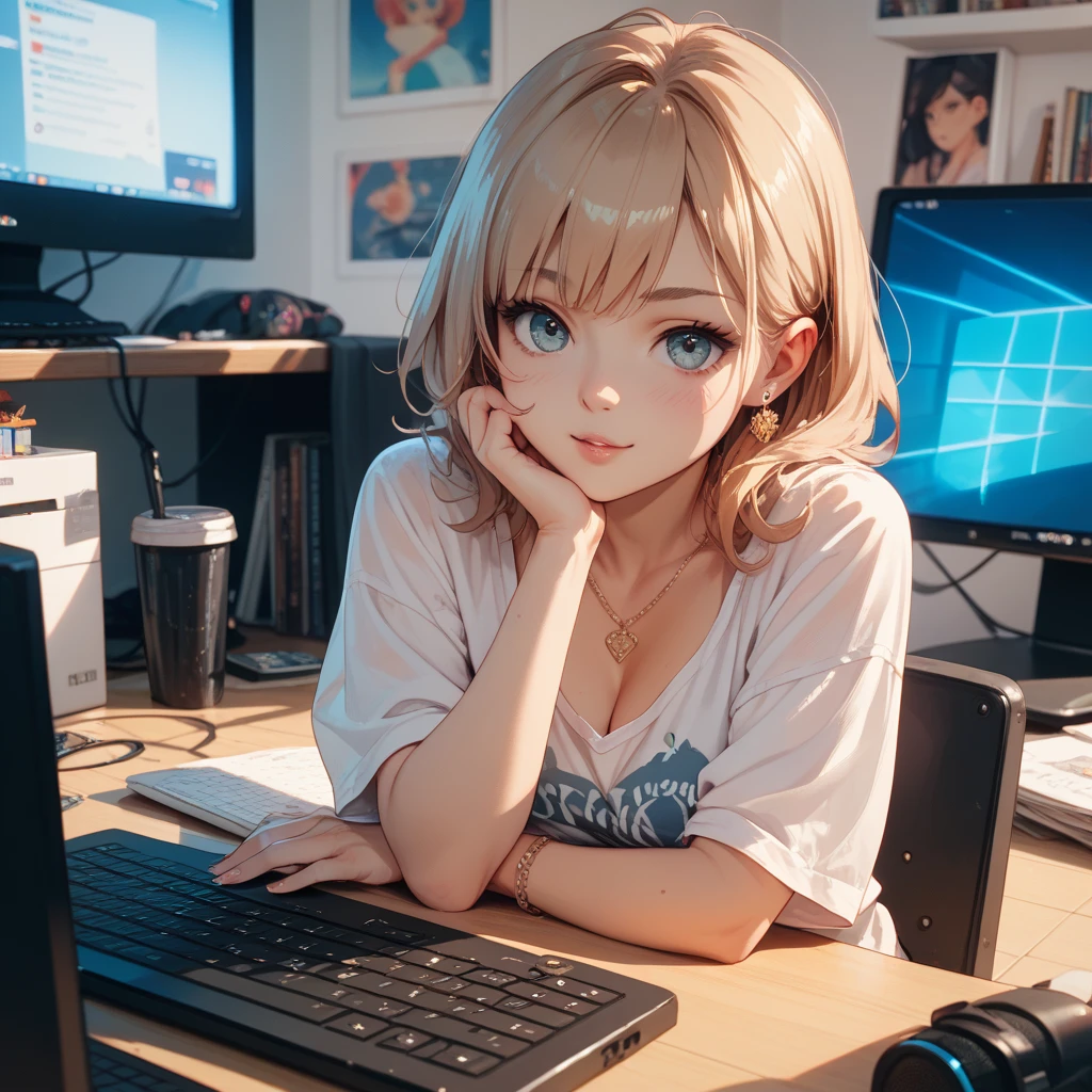 Realistic image of a girl studying in front of a computer; she is happy; richly detailed hands; blonde hair; focused eyes; intricate details. --auto --s2