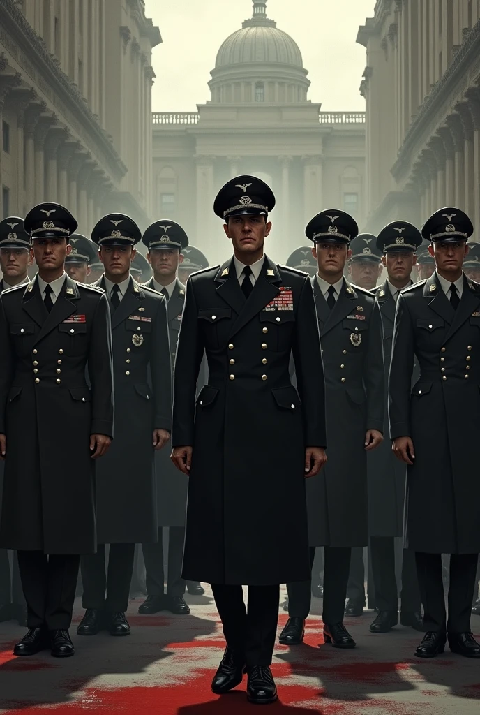 Staline, Hitler et Mussolini se serrant la main avec un air joyeux