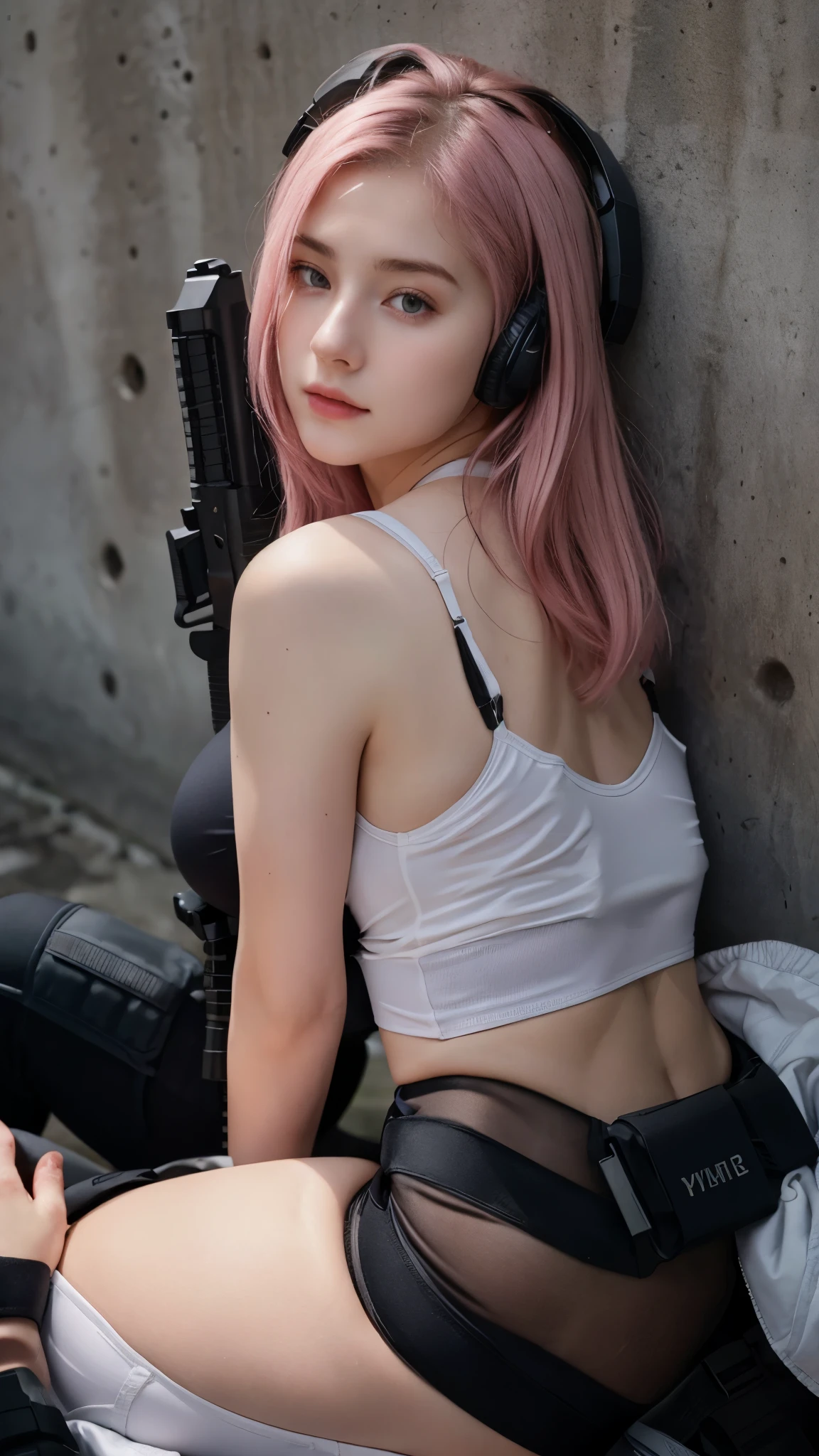 masterpiece, best quality, photorealistic, (1girl),
(pureerosface_v1:0.7), ulzzang, pale skin, long (pink hair), blue eyes, (medium breasts),
naughty face, (seductive) smile,
<lora:TeaseUnderboob:0.8>, (underboob), <lora:UniformMilitaryCamouflage:0.7>, wearing camouflage_uniform, military, narrow waist,
knife thigh strap, (skindentation),