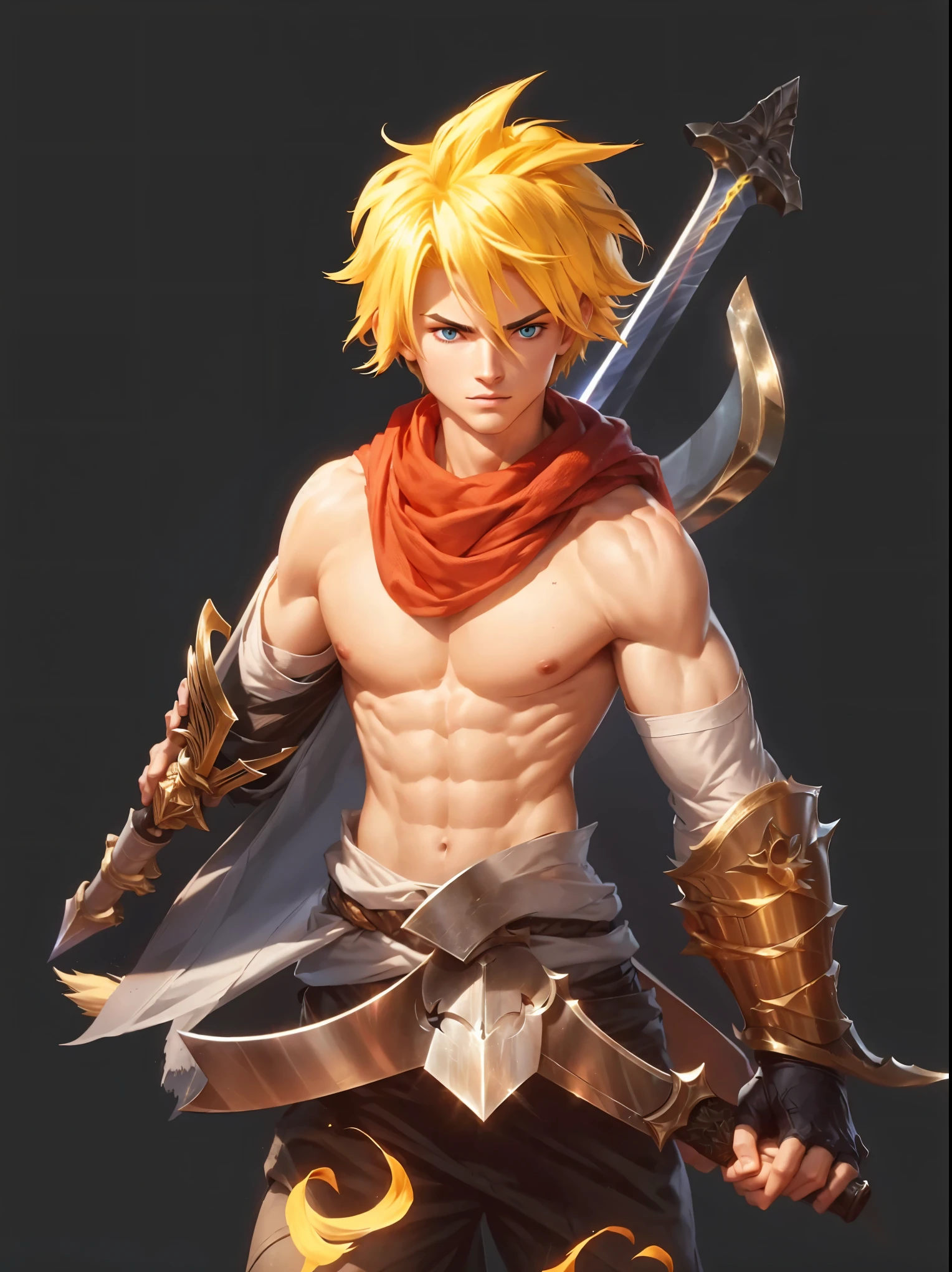 illustration featuring a close-up of a character's face. The character has spiky blonde hair and wears a headband with a metallic plate displaying a spiral symbol. The character's eyes are strikingly blue and glowing, with a determined and fierce expression. The skin tone is light, and there are distinct whisker-like marks on the cheeks. The image is filled with dynamic lighting effects, with blue and orange hues creating a dramatic and energetic atmosphere. The overall composition is focused on the character's face, emphasizing the eyes and expression.In the vibrant world of Naruto, a fierce and determined ninja, every detail bursts with energy and emotion: vivid blonde hair spiked in all directions, piercing blue eyes shining with determination, and a scarred headband symbolizing his unyielding will. This captivating portrait of a young warrior melds raw power with unwavering resolve, drawing viewers into the thrilling tale of his epic adventures. The image is a stunning painting, capturing the essence of Naruto with impeccable detail and skill.