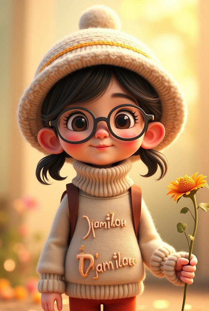 don't fly, with rosy cheeks, Light brown bun hair, eyes black, Grinning, sitting on the floor, with teddy bear cap and glasses