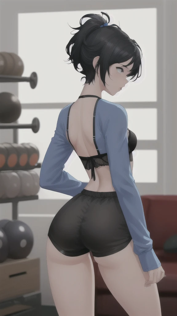 ((highest quality)),(ultra high resolution),(Super detailed),(detailed description),((best CG)),(best work of art),super precision art, great drawing art,(Art with precise details:1.5), (sleeveless sports bra with waist high plain style pantyhose 1 woman:1.5), beautiful and well-shaped face:1.5,(Beautiful skin with precise and detailed depiction:1.6),(:1.5),provocative angle:1.6,gorgeous, beautiful young age girl, 13 yghtly tanned white skin, short shoulder length hair, sleek dark violet-black hair, Pixie cut hair, big round velvet colored eyes, fringe bangs over forehead, oval shaped face, sharp facial features, high-bridged nose, full cherry pink lips. medium height(172cm). D-cup breasts, small narrow waist. small delicate curvy hips, smooth silky thick thighs, large round ass, hourglass figure, slim yet plump thick build, standing upright, full body picture, hip-level shot. classy and opulent bedroom setting