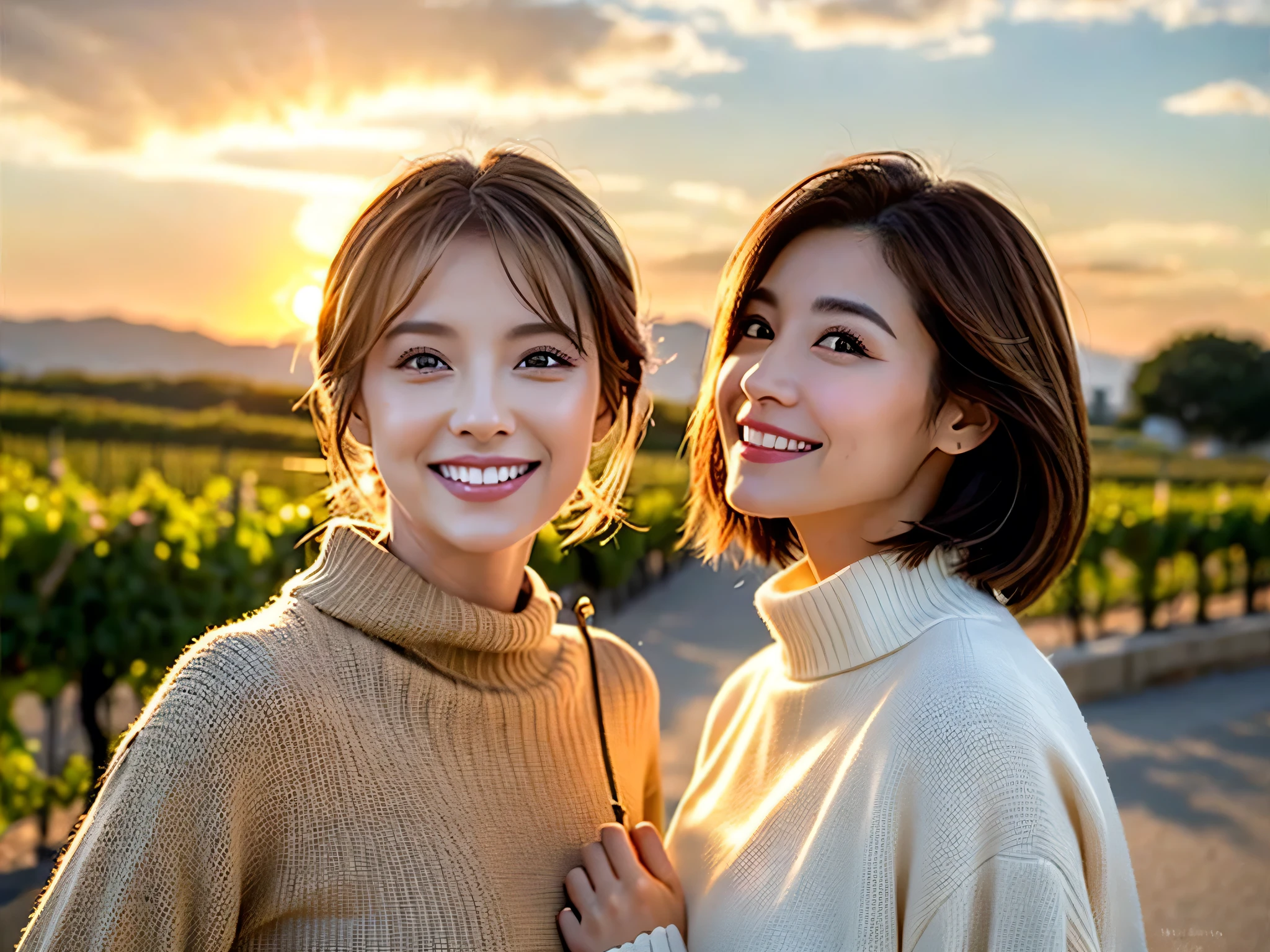 (Realistic:1.1),(masterpiece,Highest quality),8k,(44 years old), 47 years old, lover、Happy couple、Model Couple、actress/actor、Tight waist,Upper Body,full-course dinner、wine 、Amazing view of the sunset sky and clouds、Perfect Anatomy, Brown Hair, short hair,Random Hairstyles,((Highly detailed face and eyes:1.2))(cute顔:1.4),美しいactressの顔,Perfect golden ratio face,Long sleeve shirt、dress,(smile:1.2)、Shortcuts、cute、(Realistic, Intricate details:1.2), A bright smile、short hair,Bright Face、赤wine 、Appetizers、Italian food、wine bottle、Champagne、スパークリングwine、(slimな顔), (The body is slim), (Brown Hair), (Shortcuts), Upper Body, 白wine, slim, wineグラス,