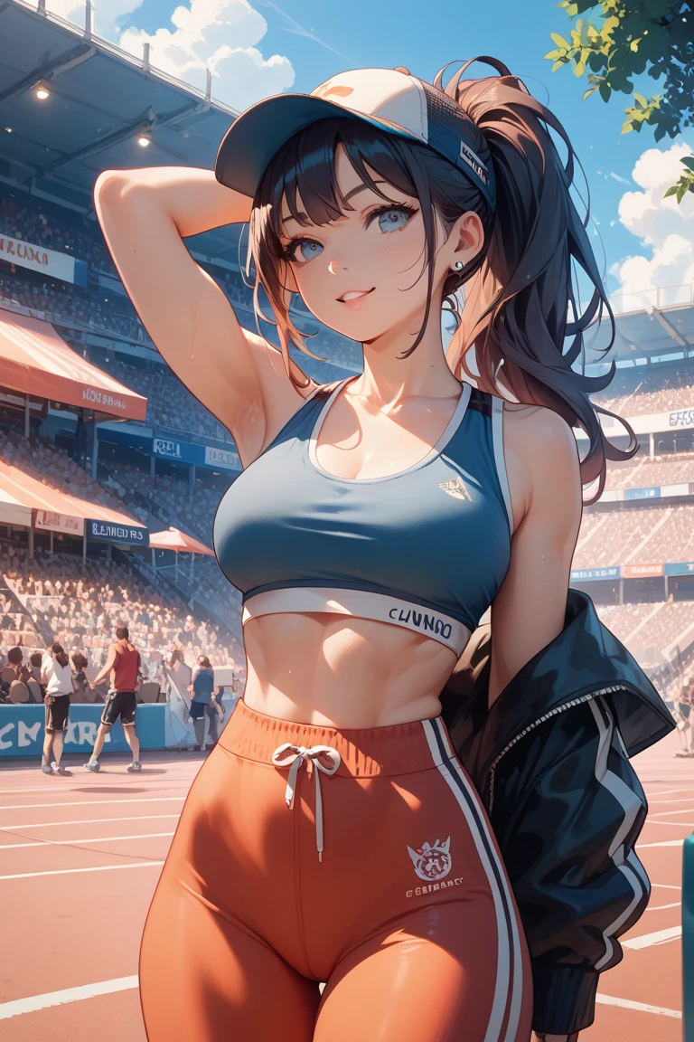 realisticlying,extremely detailed CG、high resolution、absurderes:1.8、detailed background:1.3、beautiful detailed hair、detailed eyes、、、、、、 1 girl, track and field player, shiny skin、beautiful body、 ((buruma、 sleeveless track and field Tank top、attractive thighs、))、(track and field cort)