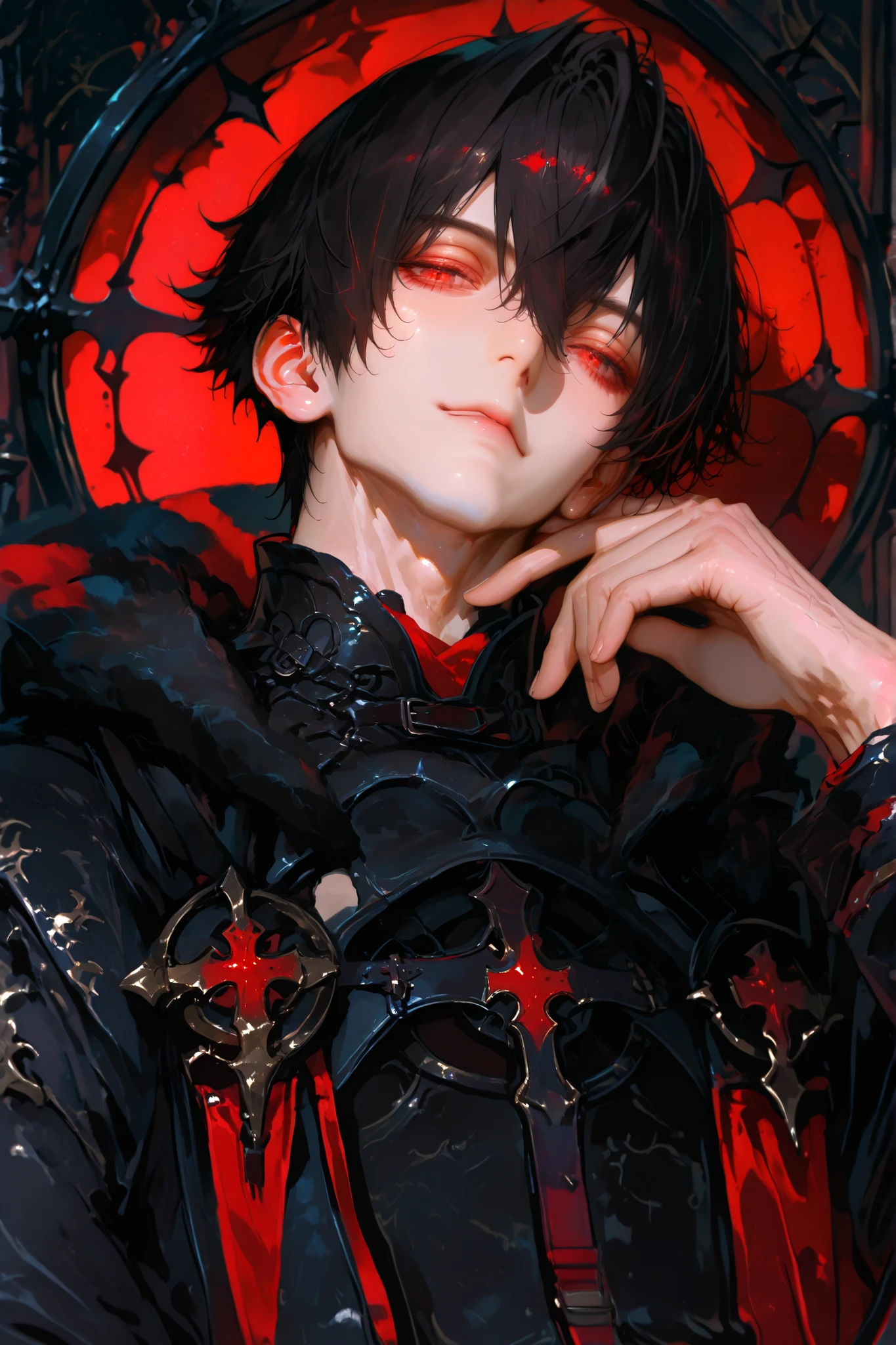 masterpiece, best quality, (Detailed Eyes: 1.2), boy, male, handsome, fantasy, red eye, shortcut black hair, semi realistic, black medieval suit with crimson color accessories, looking at viewer, emotionless face, solo character, resting him chin on the right hand