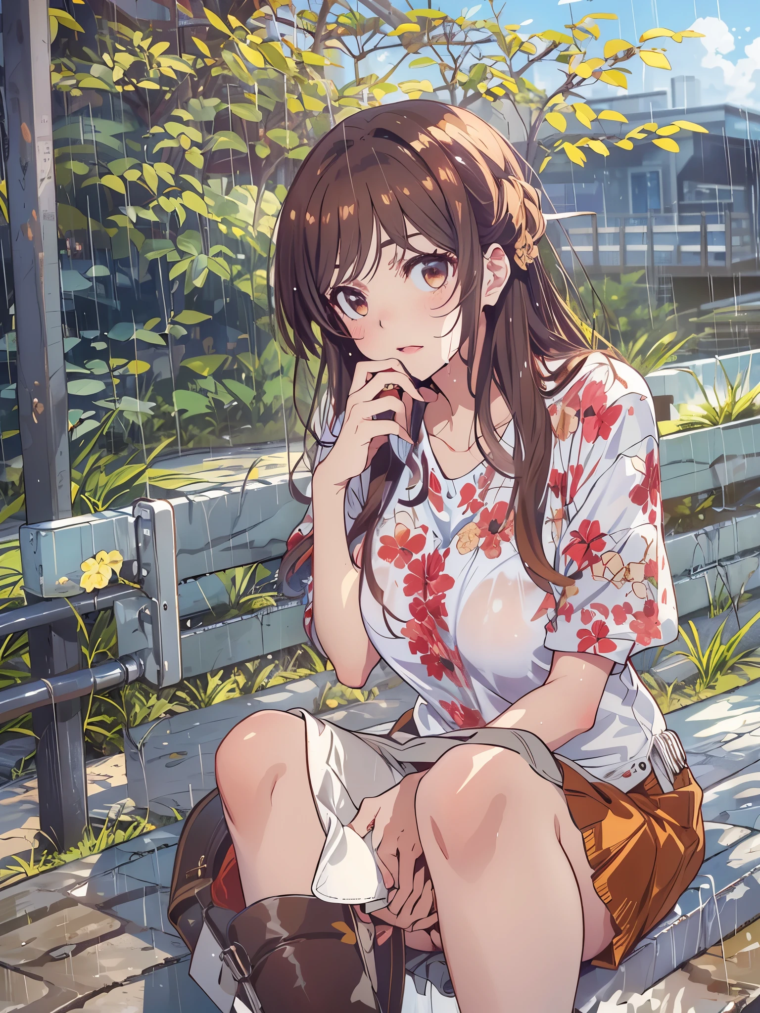 masterpiece, Best Quality, great quality,, ichinose chizuru, long hair, Bangs, brown hair, Brown eyes on lips and vagina, is watching next to your seat, Big Breasts, mature woman, anime, red floral shirt next to the seat、white miniskirt, Short sleeve, puff sleeve, puffy Short sleeve, Rainy Day, Walking Home, wet hair, , from the side, Check who , solo,, Cowboy Shots, solo
