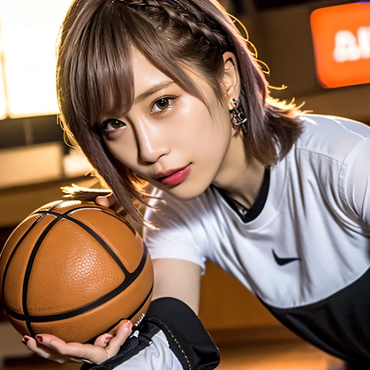 A young female basketball player executes a dynamic jump shot with precision and grace. She holds the basketball firmly in both hands, her form exuding confidence and skill. Her slim-fit uniform highlights her athletic build, while black high socks and matching sneakers create a sleek, modern look. Her neatly braided black hair arcs through the air as she leaps, her intense black eyes fixed on the goal. The polished wooden floor of the brightly lit gymnasium reflects the action, emphasizing the energy and competitive spirit of the moment.A 20-year-old woman smiles gently, friendly. (RAW photos, top quality), (realistic, photo-realistic:1.4), masterpiece, extremely delicate and beautiful, highly detailed, 2k wallpaper, ultra-detailed CG unity 8k wallpaper, ultra detail, high res, soft light, beautifully detailed girl looking back, extremely detailed eyes and face, beautifully detailed nose, cinematic lighting, perfect anatomy, slender body. Brown hair, bob haircut, dark eyes.