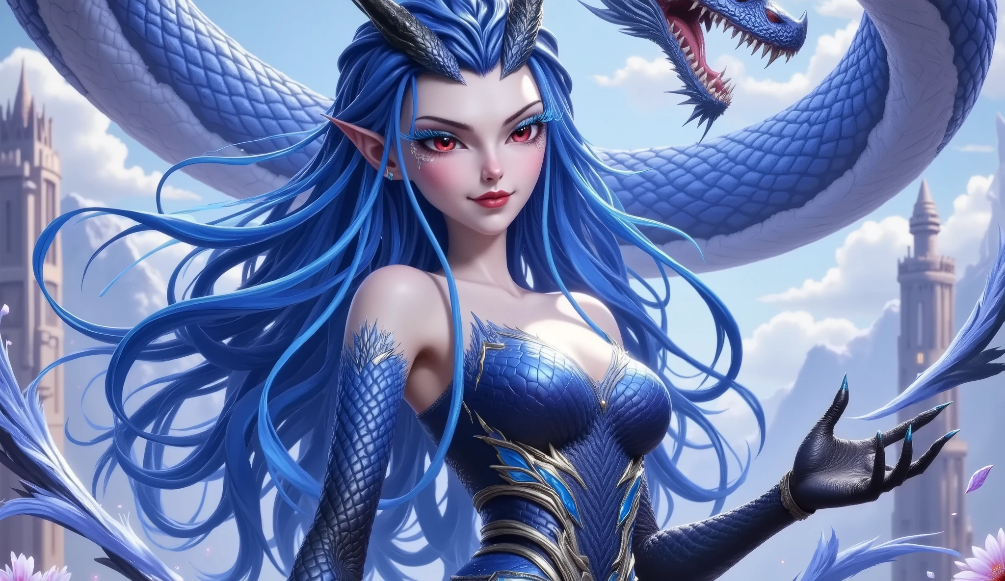 blue hair elf,Horns on the forehead, red eyes,Blue eyelashes, suit ,snakeskin armor,Super cool , Half Man Half Machine ,Robotic Arm