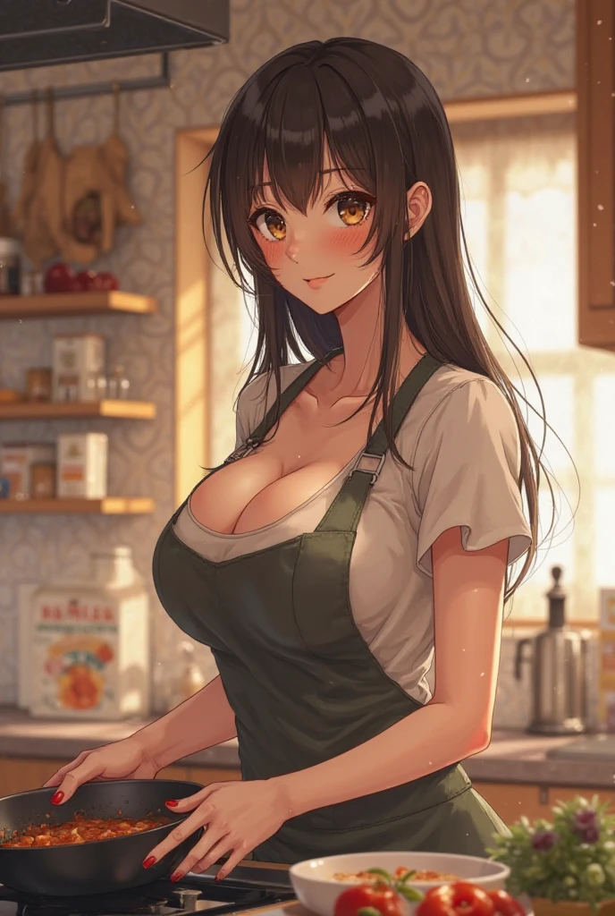 beautiful woman, black hair, orange eyes, large breasts, cleavage, thin body, extremely long hair, tan skin, naked apron, loose apron, seductive, happy, blushing, in kitchen