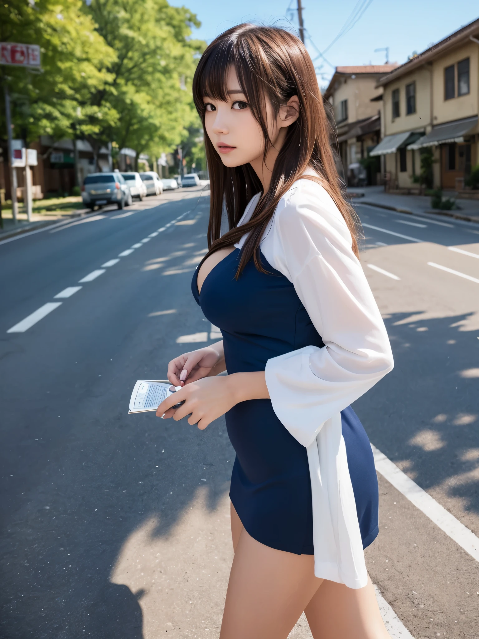((masterpiece, highest quality)), (alone),  Narrow eyes, smile、The tip bounces outwards,Large Breasts, Waist-length hair, Ample breasts,Cleavage,Soft thighs, Soft Skin,Slanted Eyes,18-year-old,Big dark blue eyes (Very fine), outstanding features, Perfect Anatomy, Centered, Perfect distance, Very fine, Exquisite colors, Exquisite detail, Golden ratio illustrations,The whole body is visible、smile、Beautiful legs、Clothes that fit the body,White Dress、No sleeve、clothes fluttering in the wind,Micro Mini Skirt、Knee-high socks、Anime Wizard Girl、Hold a magic wand in your right hand、Holding an open magic book in his left hand