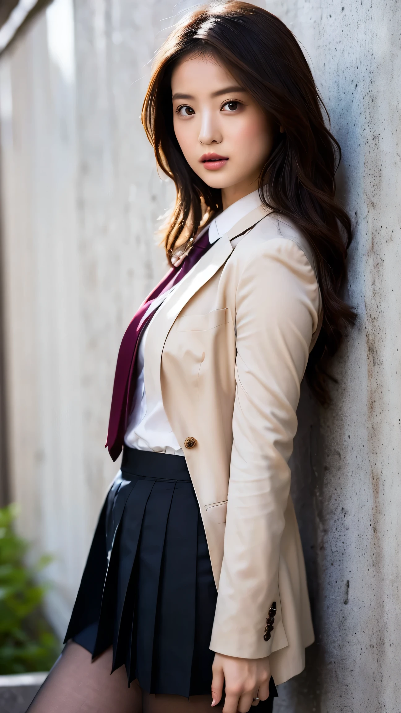 boasting outstanding style and overwhelming beauty、popular Chinese influencer beauty。
She wears a Japanese high school girl uniform that is trendy these days in style, and、a mini skirt that makes your legs look longer。
The skirt is a dark colored pleated type、style by lifting the hem of the skirt slightly with one hand、creating a sexy and sophisticated atmosphere。
to accentuate the goodness of the、wear a blazer that emphasizes a slender silhouette and、cute bows Or combine a tie。
The chest is moderately large、a design that brings out feminine curves。
moreover、wear black tights that make your legs look beautiful、for a more sophisticated impression。
hair is perfectly set、a silky long wave or stylish bob enhances her appeal。The makeup is sophisticated、impressive eyes and clear Either。
Background、sophisticated urban park、wall with colorful pop art、or an inorganic concrete wall that stands out for her beautiful skin。
No one else is reflected、composition where only the model stands out。
A、Ultra Fine、realistic texture、perfect lighting、beautiful cinematic visual。