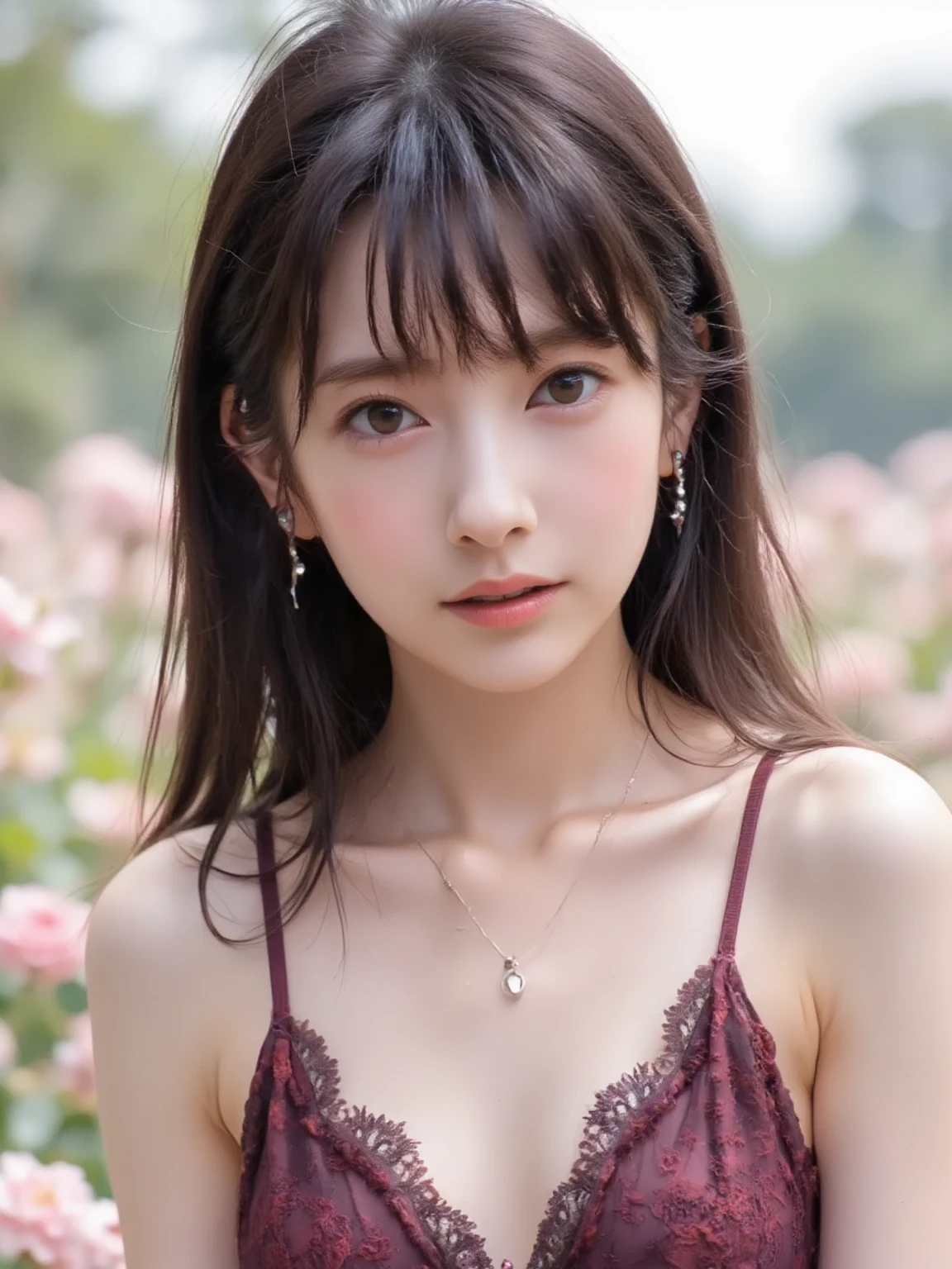 1girl, (looking at viewer:1.2), detail face, (a girl standing, rending on cgsociety, Rose bush backdrop), romanticism, atmospheric, (RAW photo, best quality), (realistic, photo-realistic:1.3), masterpiece, an extremely delicate and beautiful, extremely detailed, D cup,Cleavage,Translucent lavender tube top1.5)