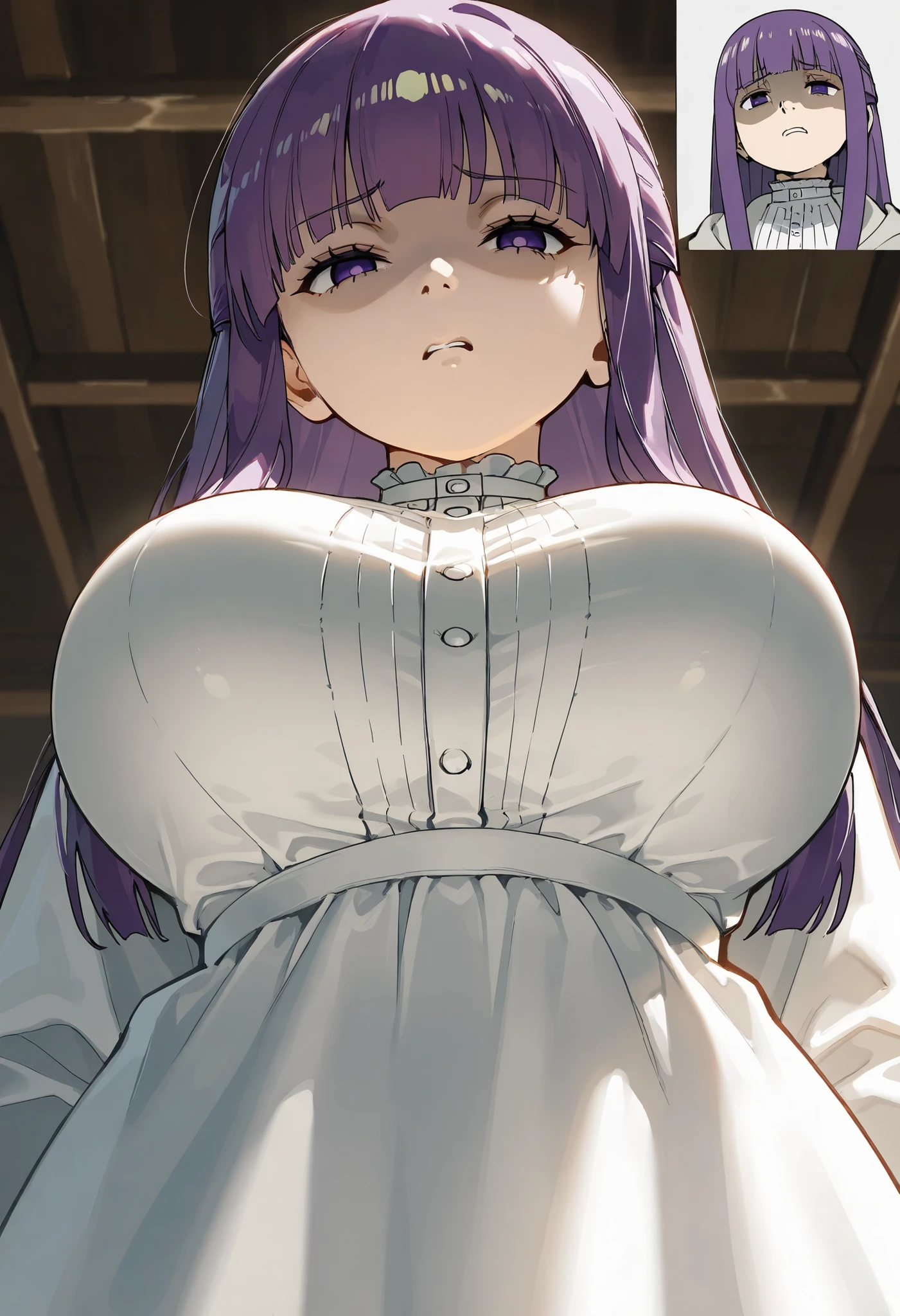masterpiece, best quality, 8k, highres, ultra-detailed,HDR, UHD, ultra-fine painting, sharp focus, physically-based rendering, extreme detail description, professional, vivid colors,perfect composition, raw atmosphere, highest quality, intricate details,BREAK,explicit,1girl, fern (sousou no frieren),underbreasts close up,large breasts, long white dress,low angle,bust focus, face obscured breasts,look down,(disgust expression,narrowed eyes),look at viewer,((do not remove clothes))