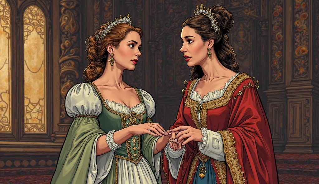 The illustration style is semi-realistic, with strong outlines and detailed shading, resembling a historical or graphic novel artwork. In the royal chamber, the queen notices the sparkling ring on the princess’s finger. Her eyes widen in shock as she steps forward to examine it closely