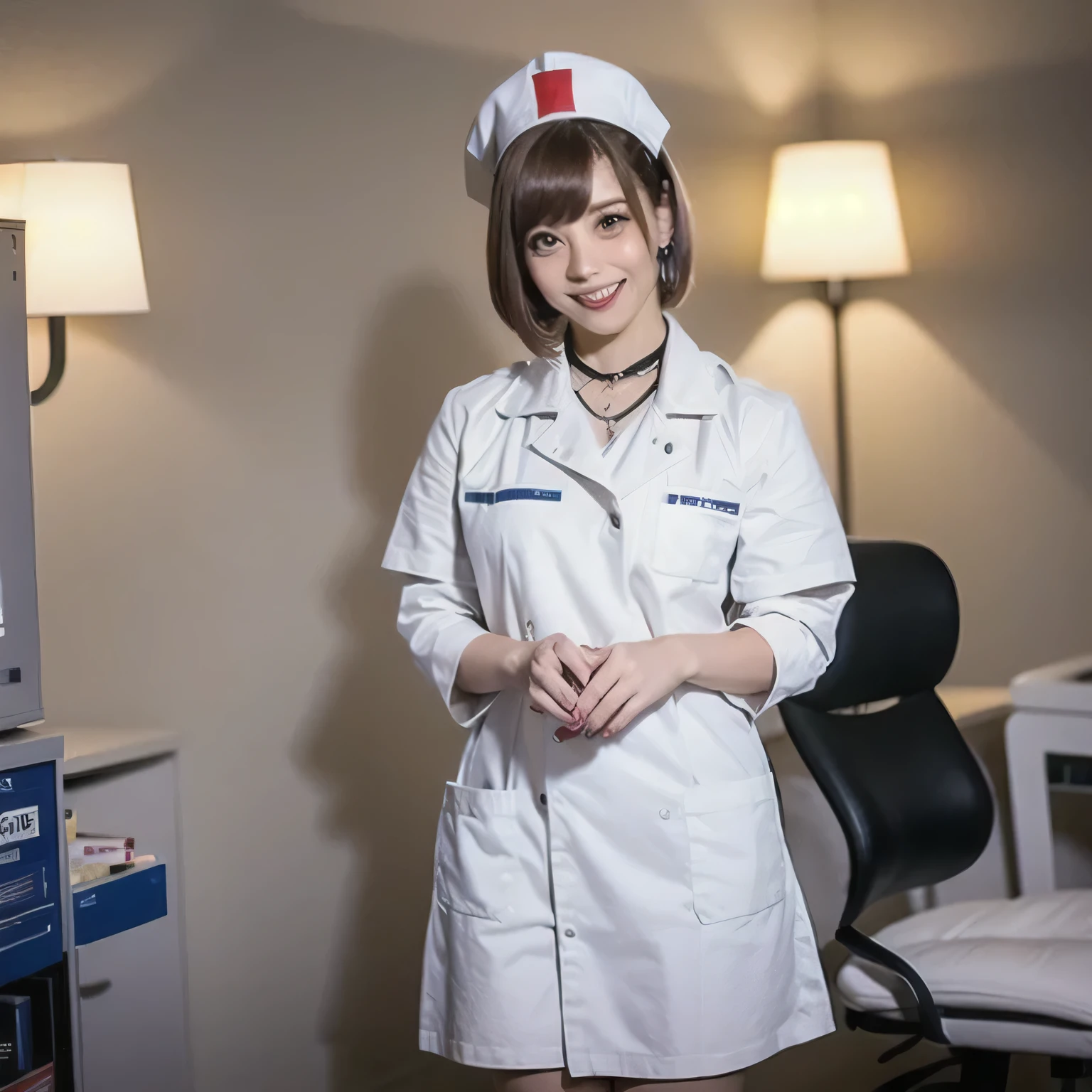 A breathtakingly beautiful 20-year-old woman stands in a warmly lit hospital room, dressed in a white mini-skirt nurse uniform with a matching cap. Her shy smile adds a touch of charm, while the surrounding medical equipment and furnishings create an authentic yet welcoming atmosphere. Brown hair, bob haircut, dark eyes.