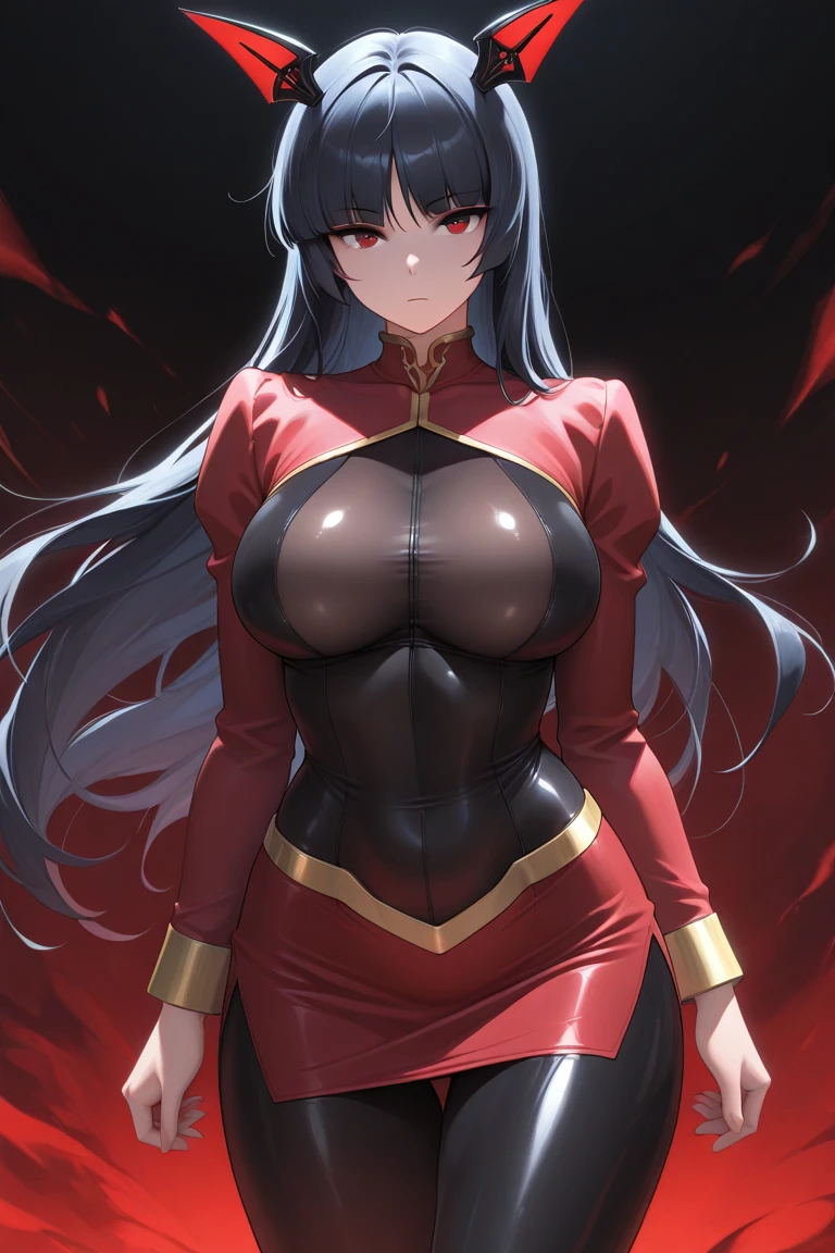 professional artwork, Intricate Details, field of view, sharp focus, detailed painting, photorealistic lighting, trending on pixiv, Standing at attention, black outfit ,yellow collared shirt,black and red bodysuit,skin_tight,black legwear, black pantyhose, Side_boob, black hair,very long hair, Bangs,yellow eyes,makeup, lipstick, 20yo,mature female,Beautiful Finger,Beautiful long legs,Beautiful body,Beautiful Nose,Beautiful character design, perfect eyes, perfect face, looking at viewer, NSFW,official art,extremely detailed CG unity 8k wallpaper, perfect lighting,Colorful, Bright_Front_face_Lighting, (masterpiece:1.0),(best_quality:1.0), ultra high res,4K,ultra-detailed, photography, 8K, HDR, highres, absurdres:1.2, Kodak portra 400, film grain, blurry background, bokeh:1.2, lens flare, (vibrant_color:1.2) (Beautiful,large_Breasts:1.4), (beautiful_face:1.5),(narrow_waist), (solo:1.4), ((landscape dimension))