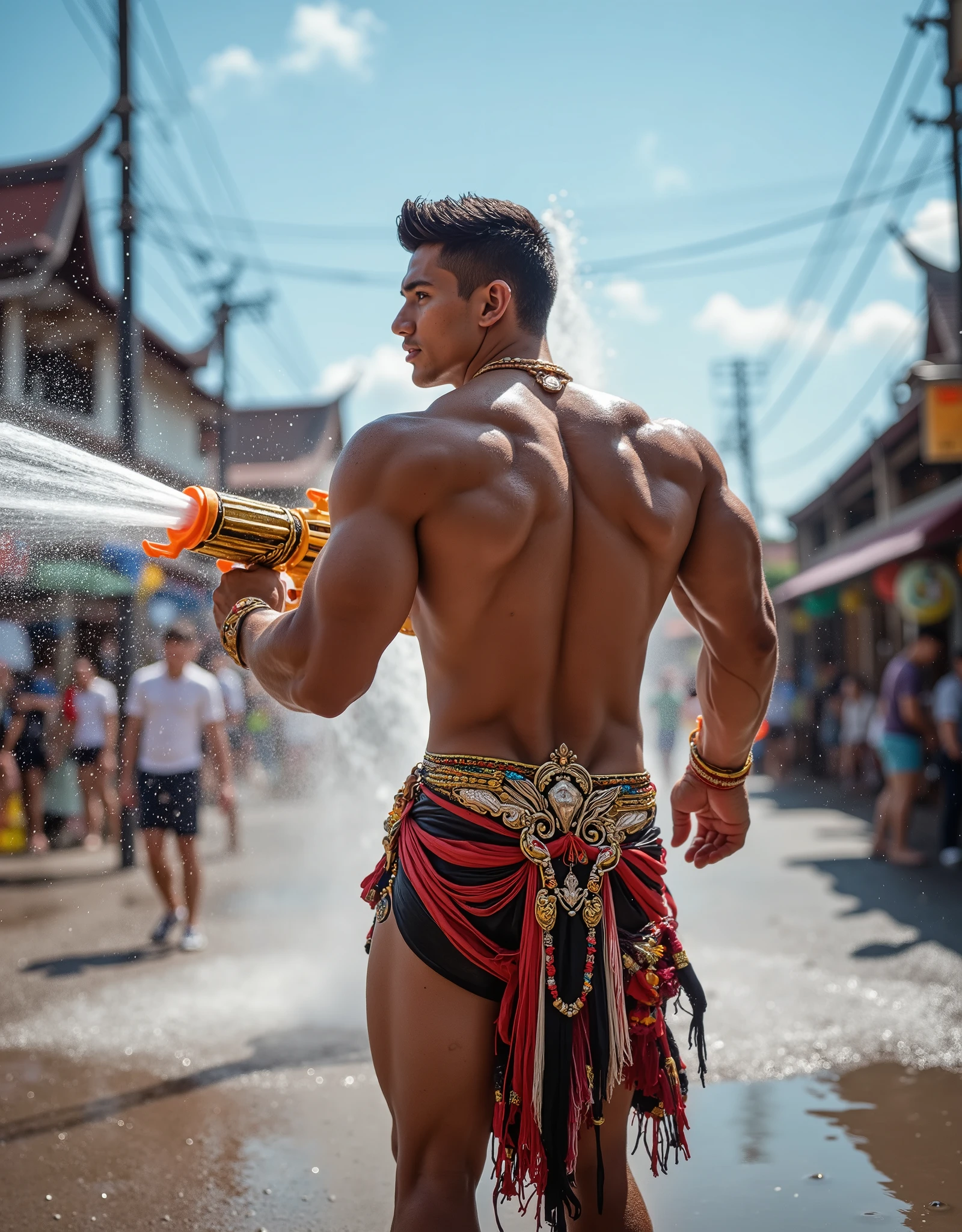 2man,masterpiece,best quality, the most attractive masculine male, (very small loincloth), splashing liquid gold, ,hairy body,depth of field, buzz cut, full body, naked,