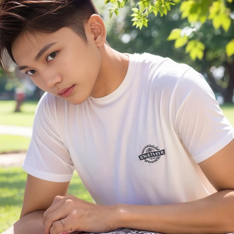 a 19 year old Indonesian boy with short hair sits on a park bench looking at the camera