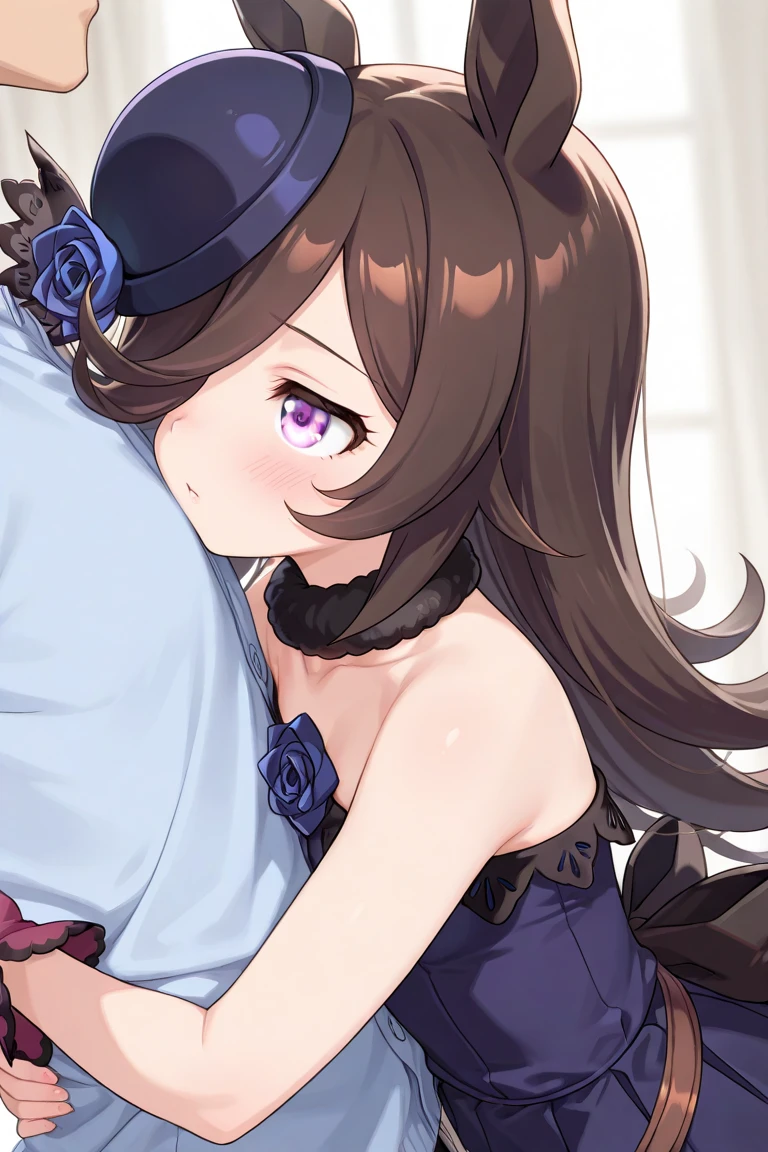 nsfw,((one man and one woman,having sex)),crawl on all fours,riding on top of a naked man,ウマ娘のNishinohana,Uma Musume,Nishinohana,short hair,red headband,beautiful purple eyes,black dress,frills,Blue rose,black stockings,cute,Curvaceous,smile with open mouth,blush,embarrassed face,upward glance,simple background,best image quality,highest quality,masterpiece