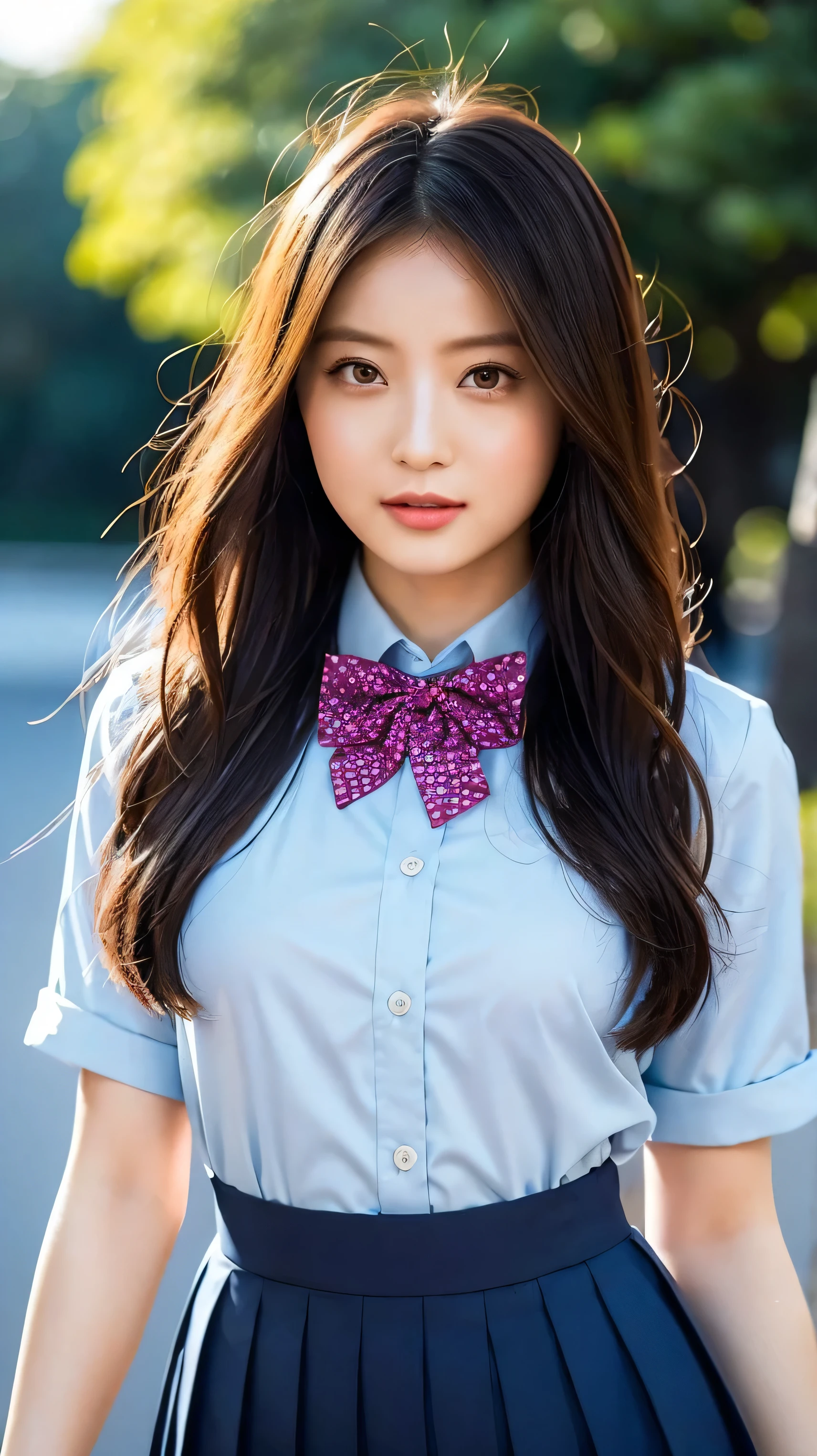 boasting outstanding style and overwhelming beauty、popular Chinese influencer beauty。She wears the latest trendy Japanese high school girl uniform-style fashion in style、Choose an infinitely short mini pleated skirt。Choose a mini pleated skirt that is slender but has large breasts、A silhouette that stands out for its style。that combines a cute bow tie、Combines large ribbons and cute ribbons and ties。hair is perfectly set、with silky long waves and stylish bobs that enhance her appeal。makeup is sophisticated、impressive eyes and clear Either。has a bright smile。
Background、sophisticated urban park、wall with colorful pop art、or an inorganic concrete wall that stands out for her beautiful skin。No one else is reflected、composition where only the model stands out。the overall finish is super high definition、realistic texture、Perfect Lighting、beautiful cinematic visual。