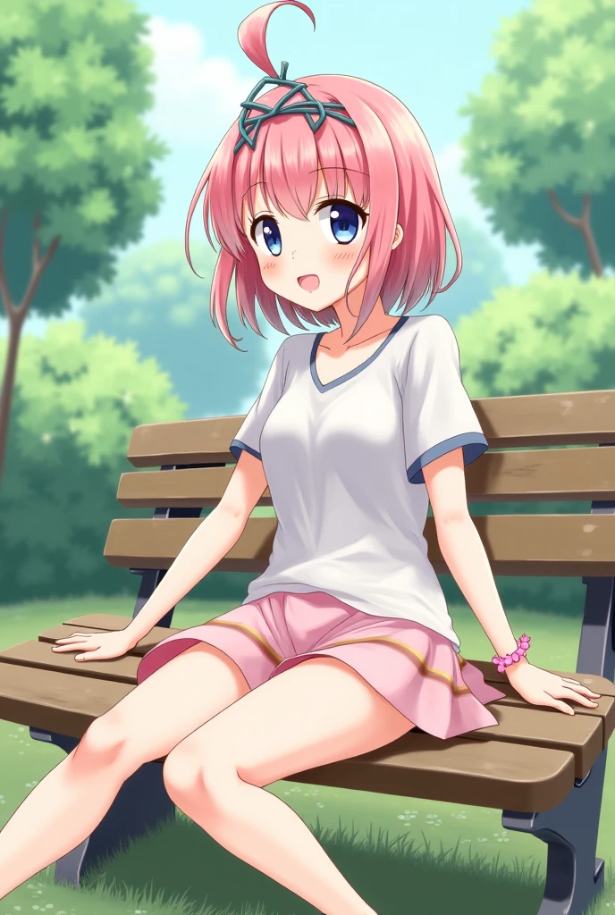 best quality, 1girl, sayori, portrait, solo, (light blush:0.5), (blush:0.2), short hair, pink hair, blue eyes, (small breasts:1.3), smile, (petite:0.5), , (loli:1.6), sh, (pink t-shirt:1.5), no bra, hair bow, red bow, (blue skirt:1.3), (nipple outline:0.9), (covered nipples:1.6), sunlight, sun beams, sitting on grass, sitting down, park, surrounded by flowers, (evening setting), sweet expression, (sfw:0.7), (ecchi:1.2), happy, (white panties:1.4)