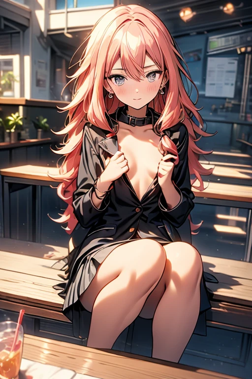 (extremely detailed CG unity 8k wallpaper), (((masterpiece))), (((best quality))), ((ultra-detailed)), (((illustration))), (best shadow), ((an extremely delicate and beautiful)), (detailed light), (well designed face), amazing face, (super detailed), cinematic shot, beautiful detailed eyes, detailed background, 1girl, solo, ((pink hair)), ((multicolored hair)), ((red eyes)), ((wavy hair)), (black headband), ((halterneck)), huge breasts, firts rate breasts, first rate female bodies, (sleveless sweater), ((open chest sweater)), white jacket, open jacket, inside a cafe, interior design, bewitching thighs, ((:3 mouth)), :3,