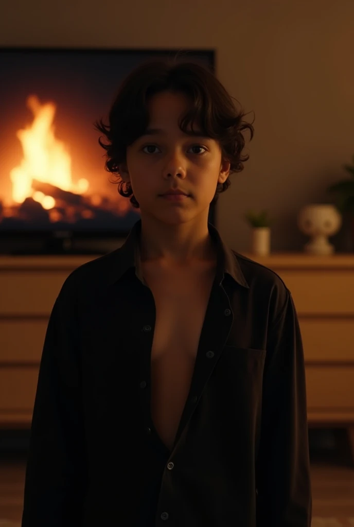 a beautiful boy, 16 years, rasgos Europeans, fine features, Brown hair, blue eyes, sad look, peaceful look, very sensible, very sad, naked, European, London, rain, Cold, winter, snow, Christmas, loneliness, melancholia, fire in the room, Chimney, pecho naked fuerte, shapely legs, big nipples, strong nipples.